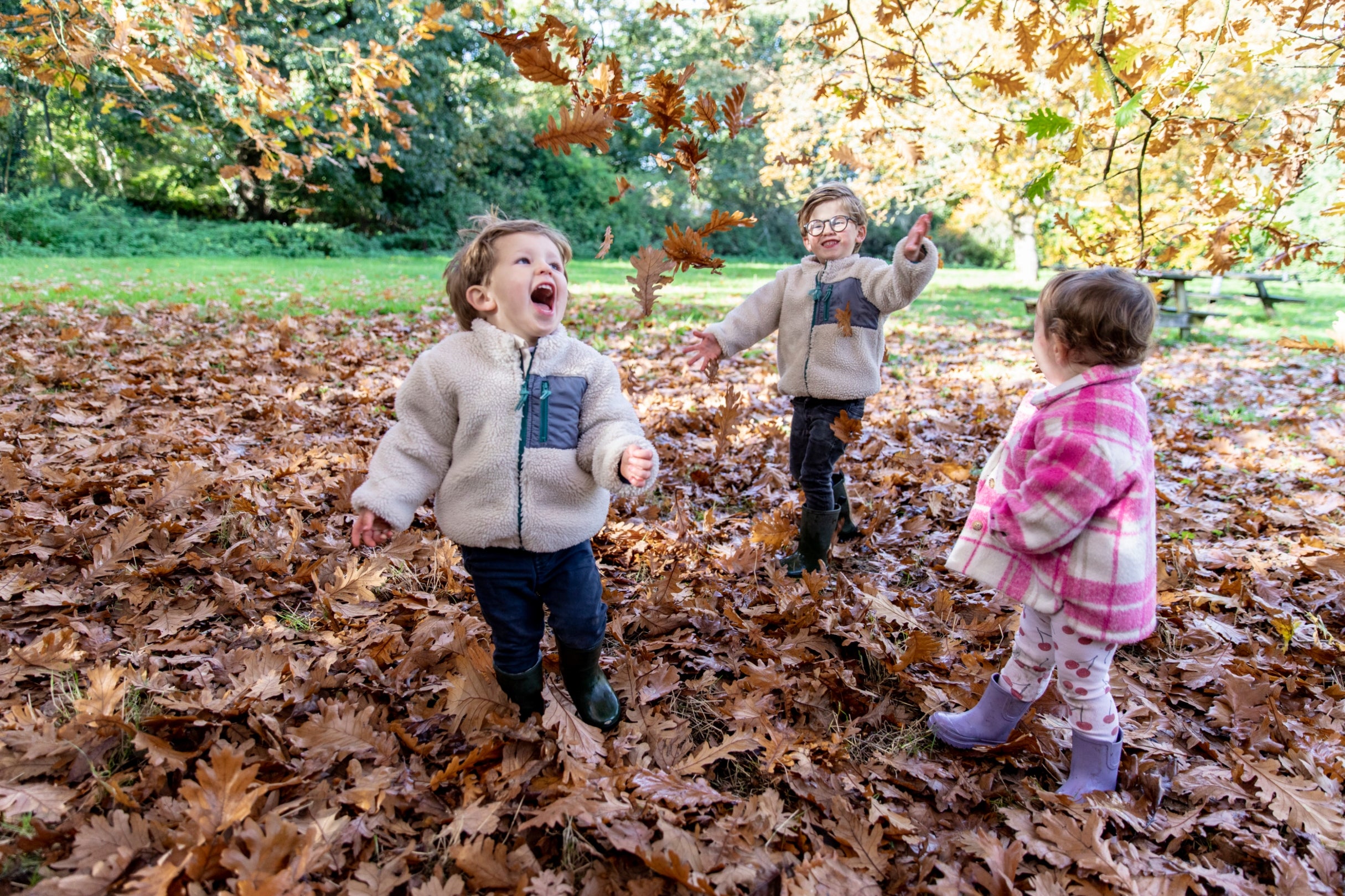 Children enjoying playing amongst the fallen autumn leaves, in shades of orange and brown