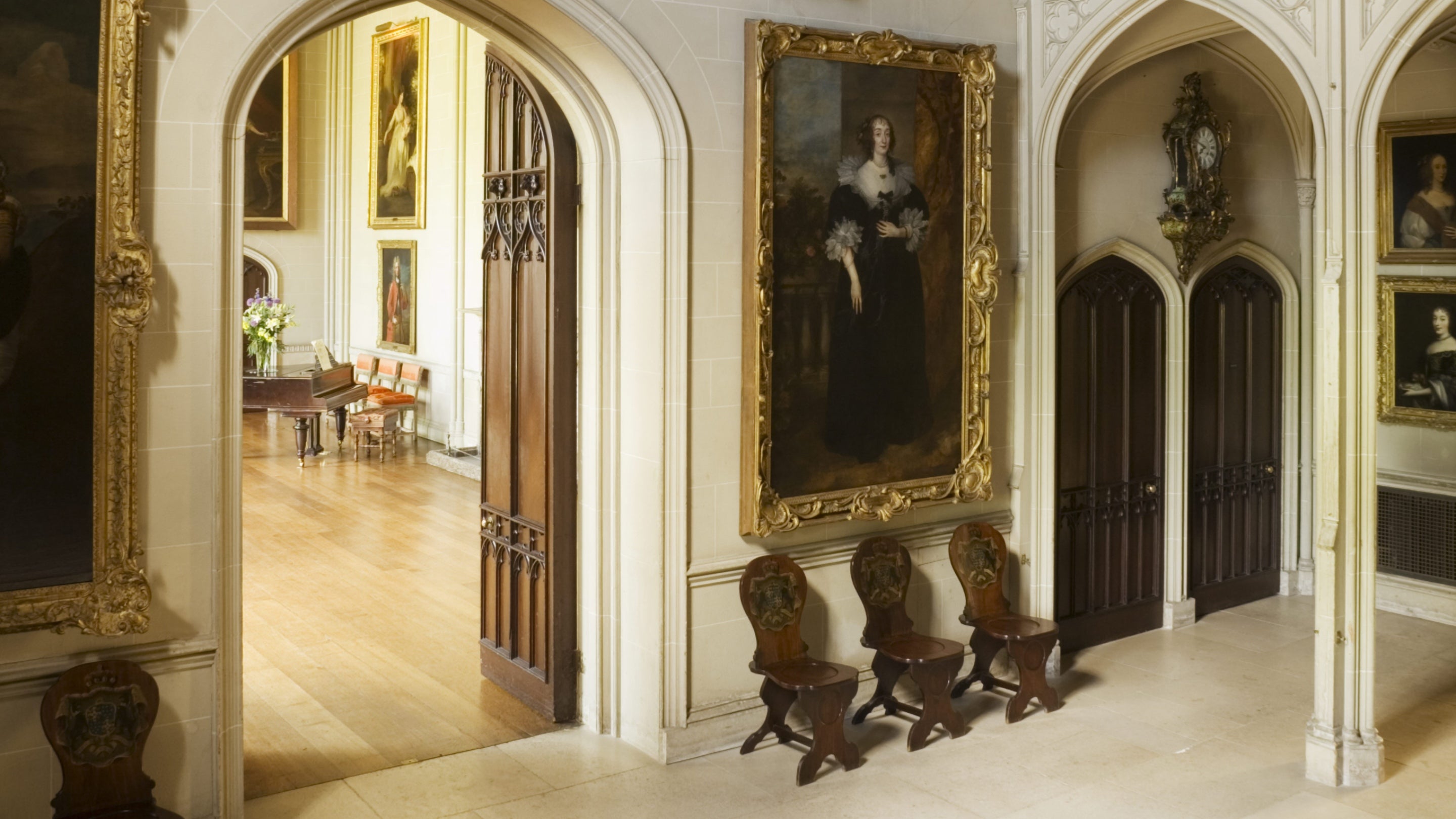 The Gothic Hall with a view of the music room at Plas Newydd on Anglesey in Wales.