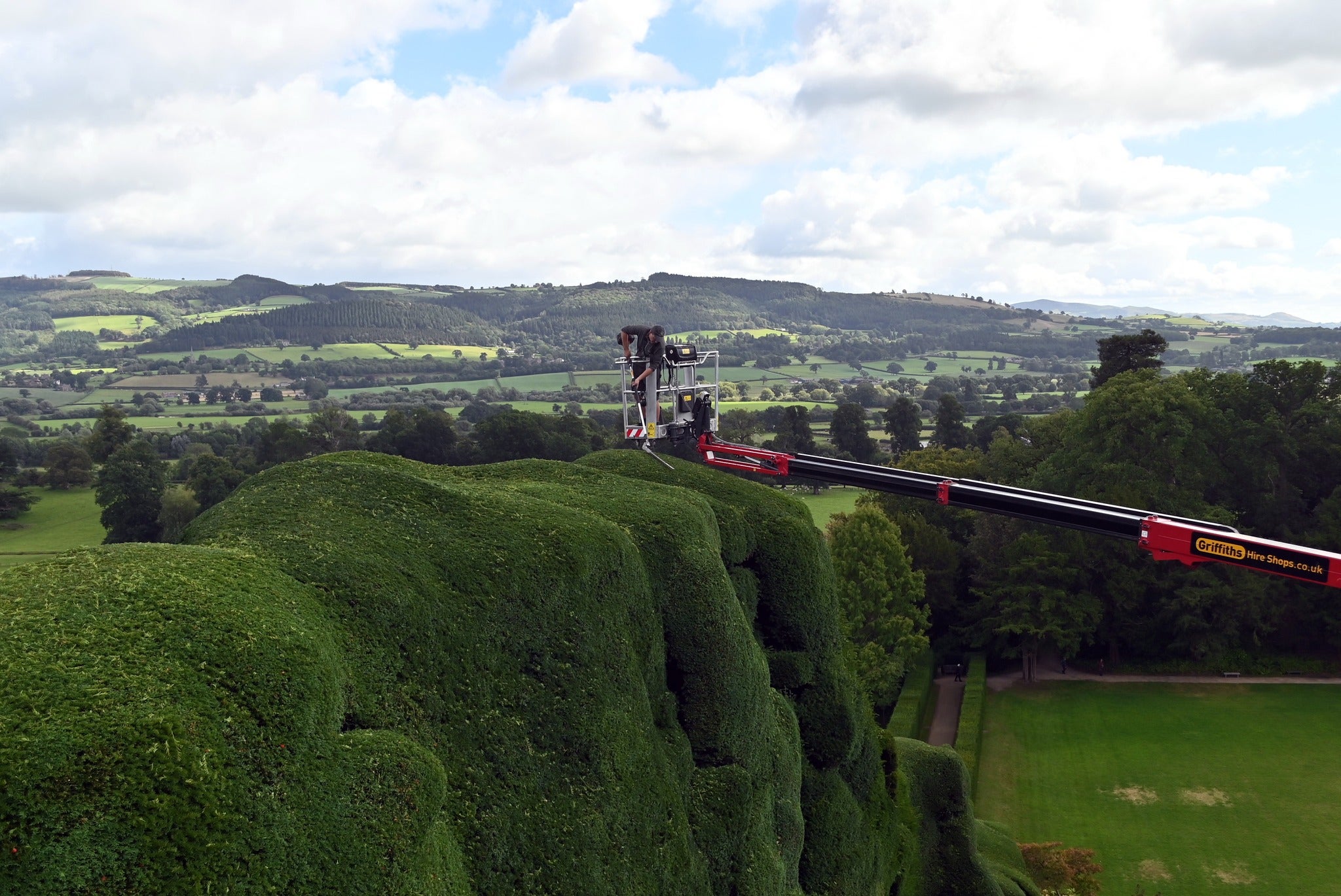 Dan Bull, Gardener at Powis Castle and Garden, trimming the yew trees with a background view of Severn Valley.