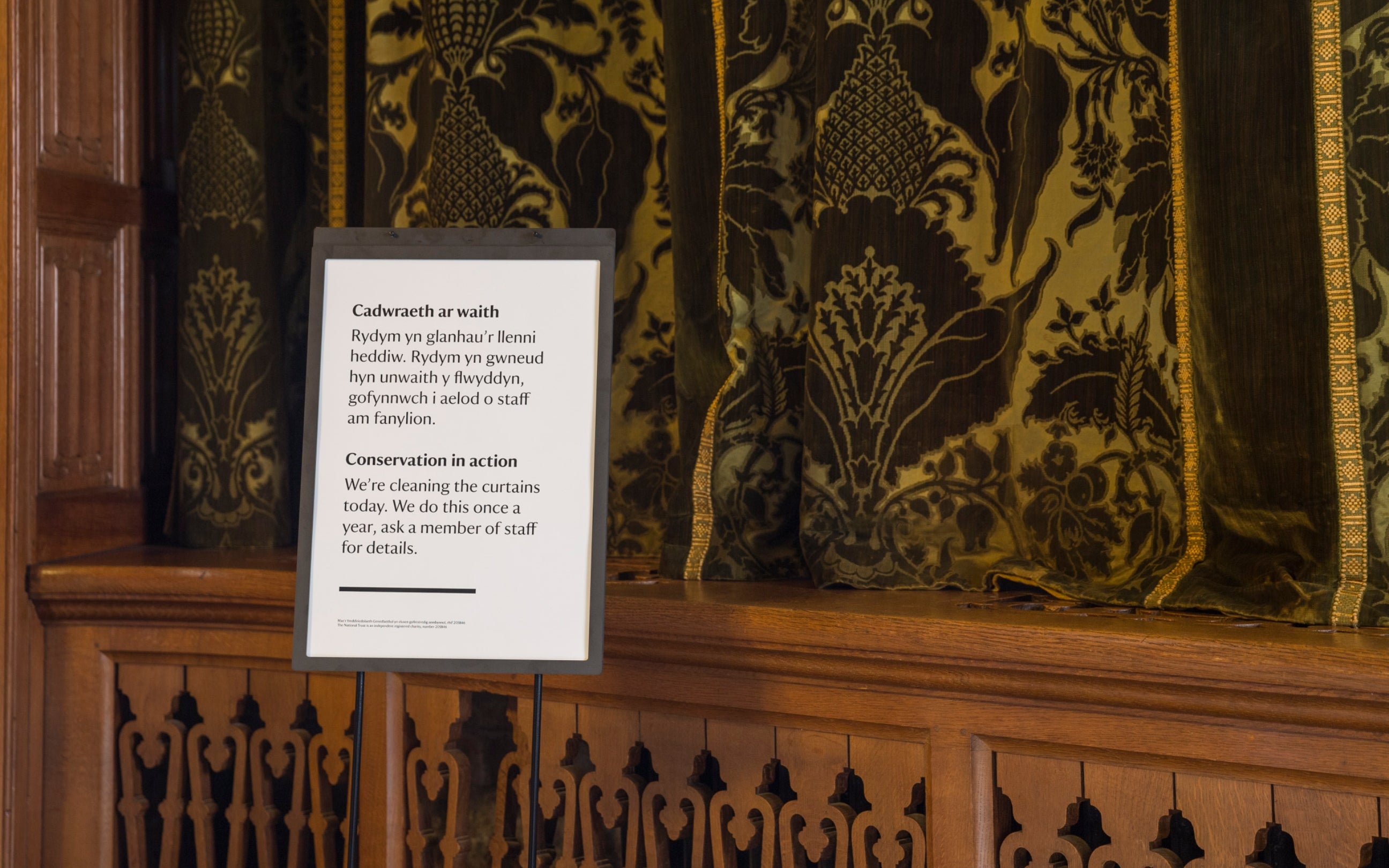 Sign highlighting curtain conservation work at Powis Castle