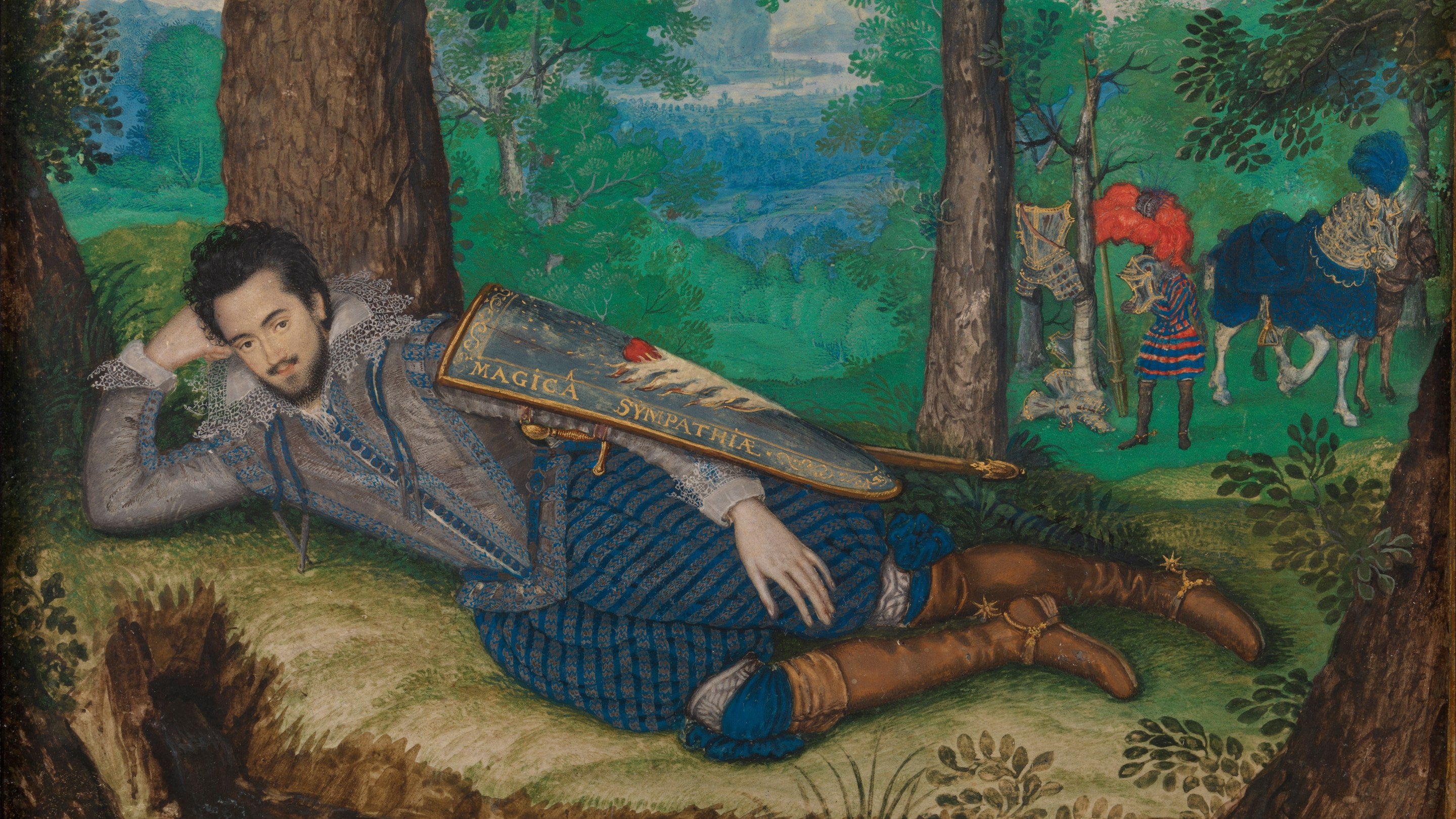 Dyfrlliw o Edward Herbert, yr Arglwydd Herbert 1af o Cherbury (1581/3-1648), gan Isaac Oliver, yn dangos dyn mewn dwbled a tharian yn gorffwys ger nant mewn coetir wedi ei amgylchynu gan goed gyda’i weision a’i geffyl yn y cefndir