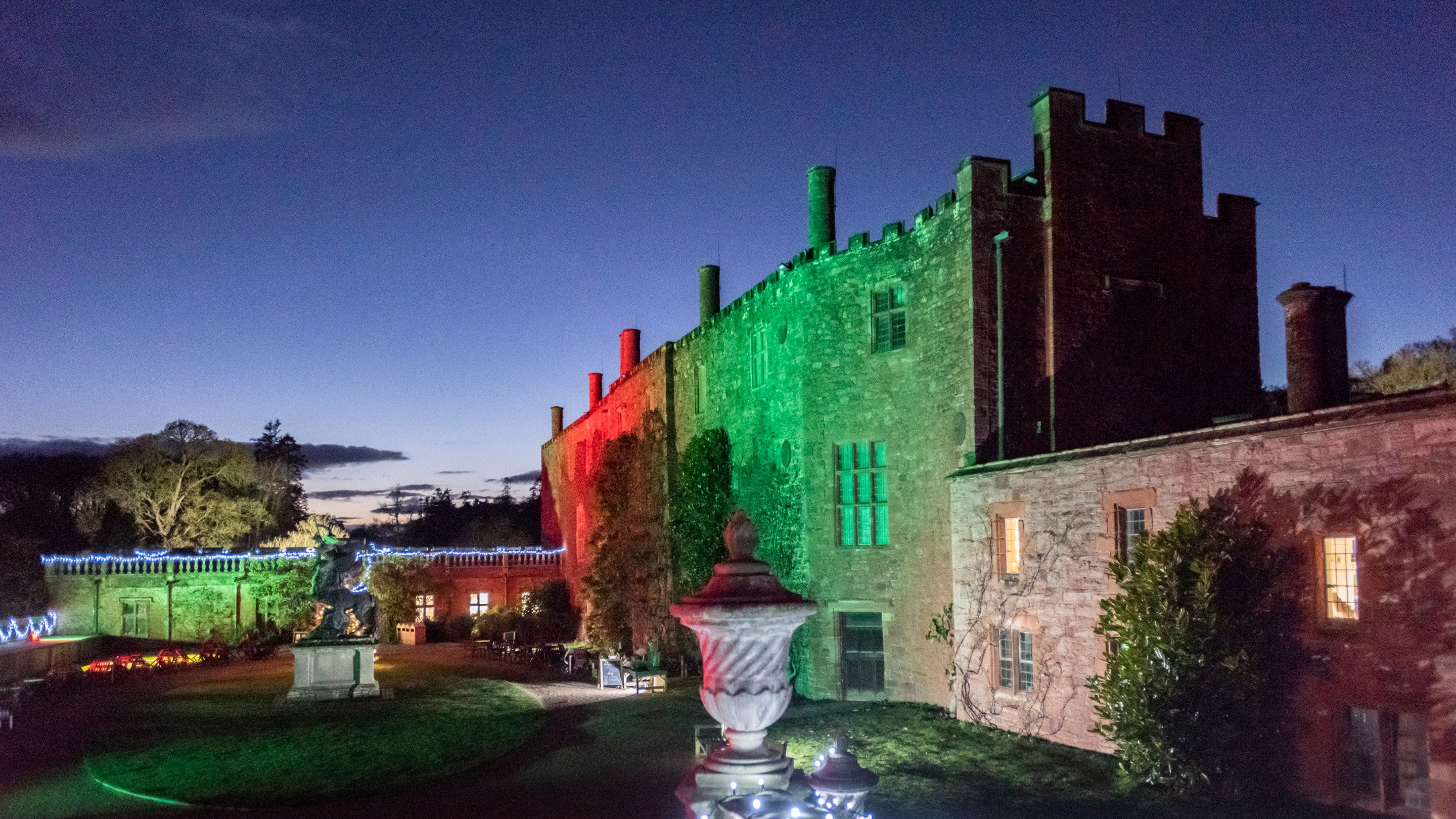 Christmas lights in the garden at Powis Castle and Garden, Powys