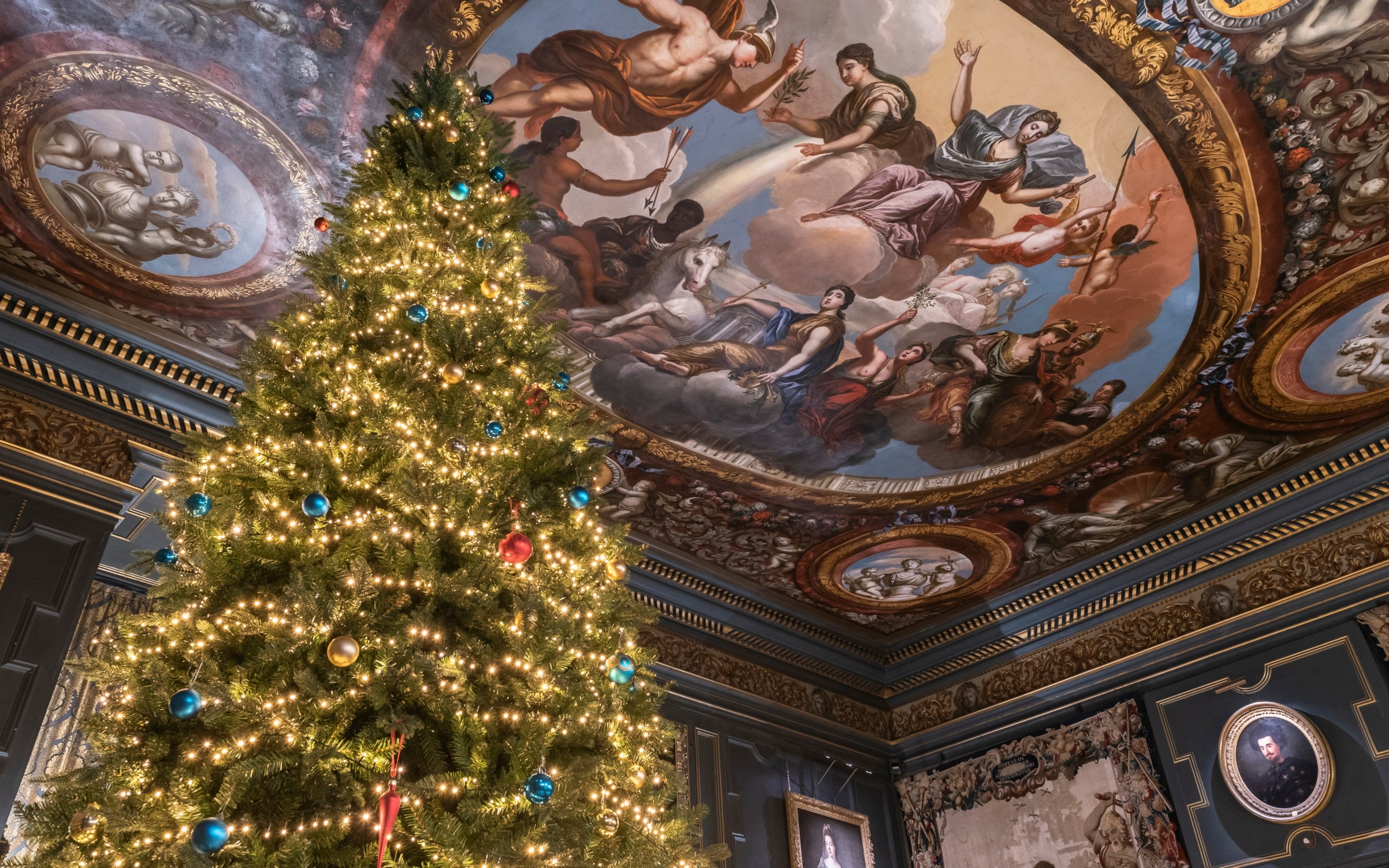 Christmas tree in the Blue Drawing Room at Powis Castle