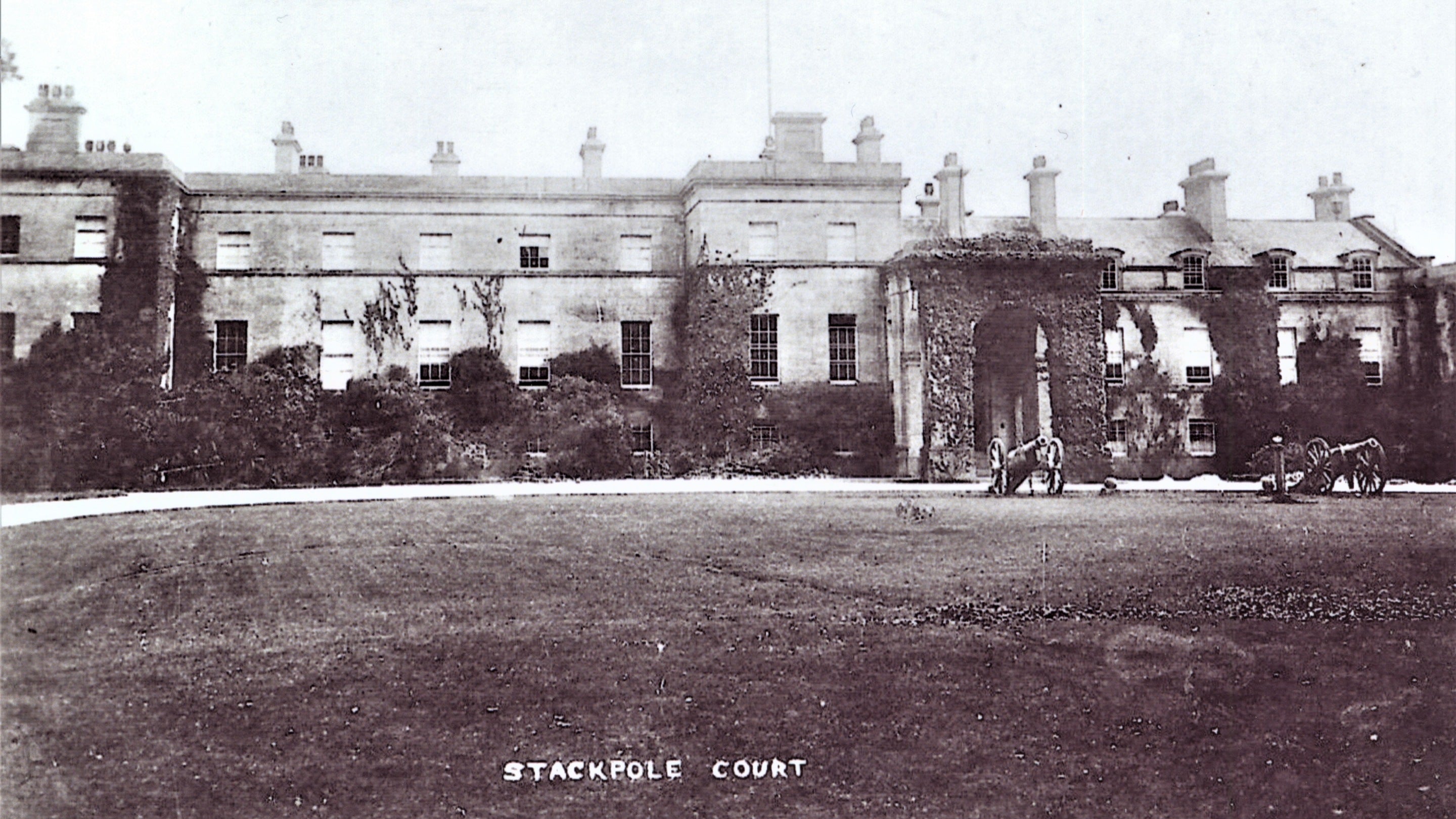 Black and white photograph of Historical view of Stackpole Court
