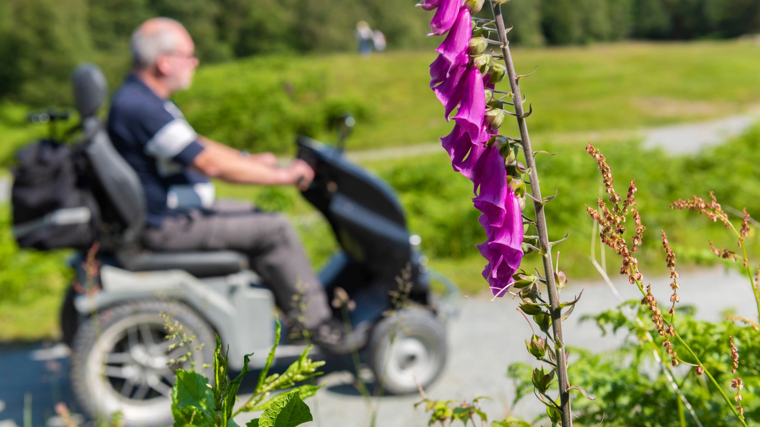 Ymwelydd yn defnyddio’r trampiwr