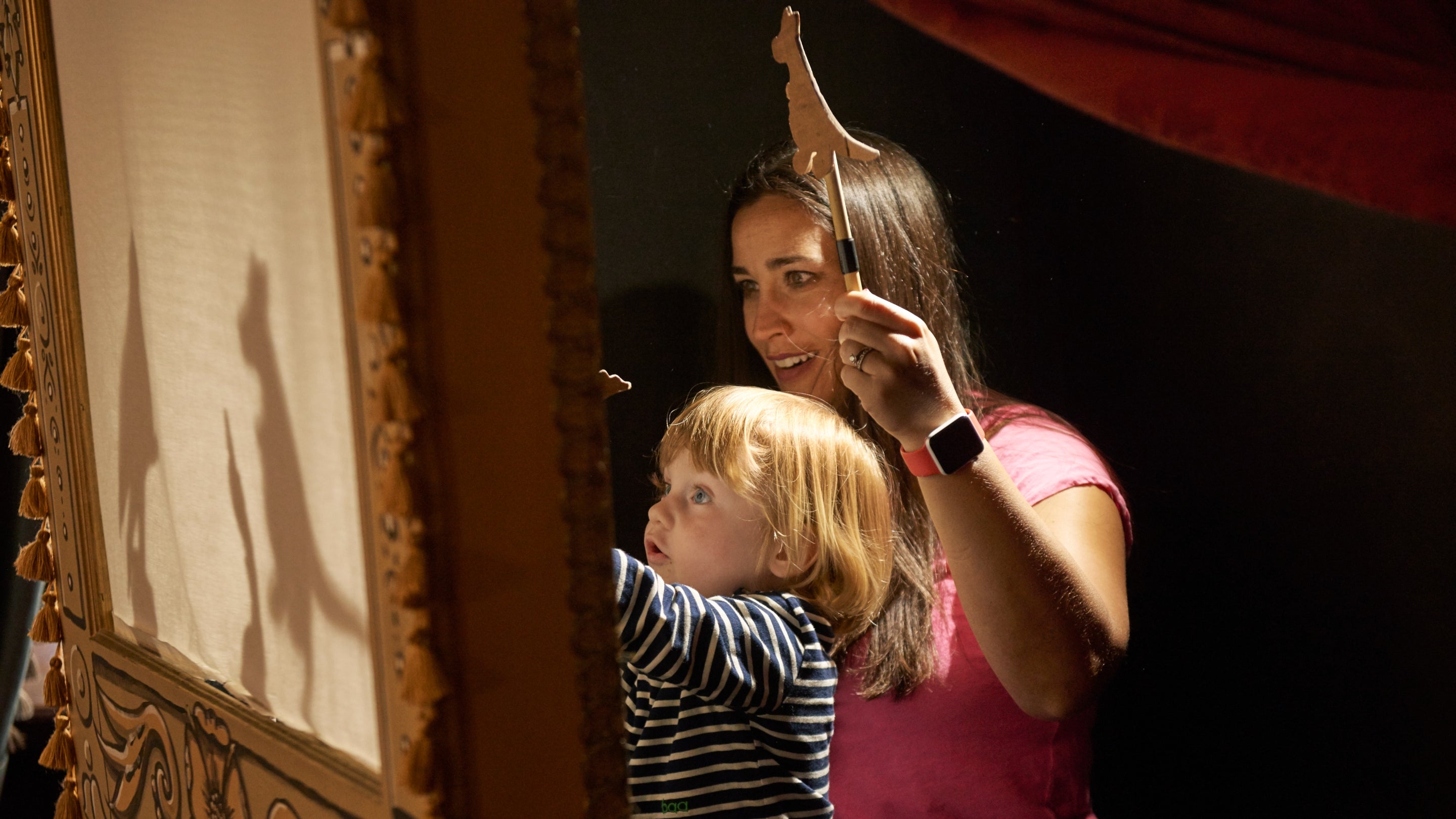 A mother and child play with silhouette puppets
