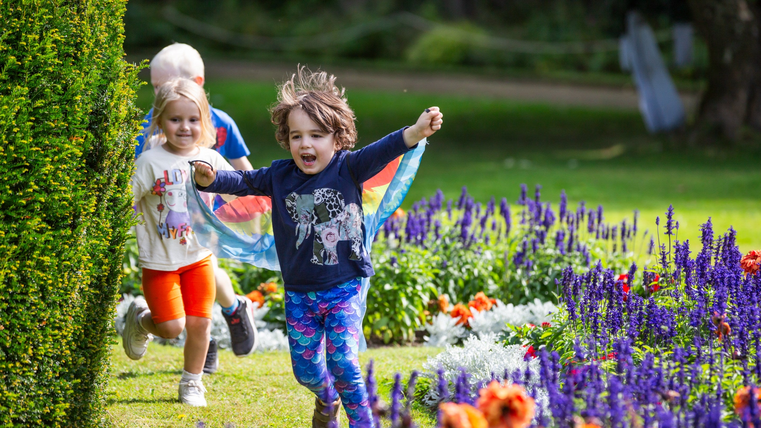 Two children running after a third one who's holding a flag, in a garden with flowers to their right