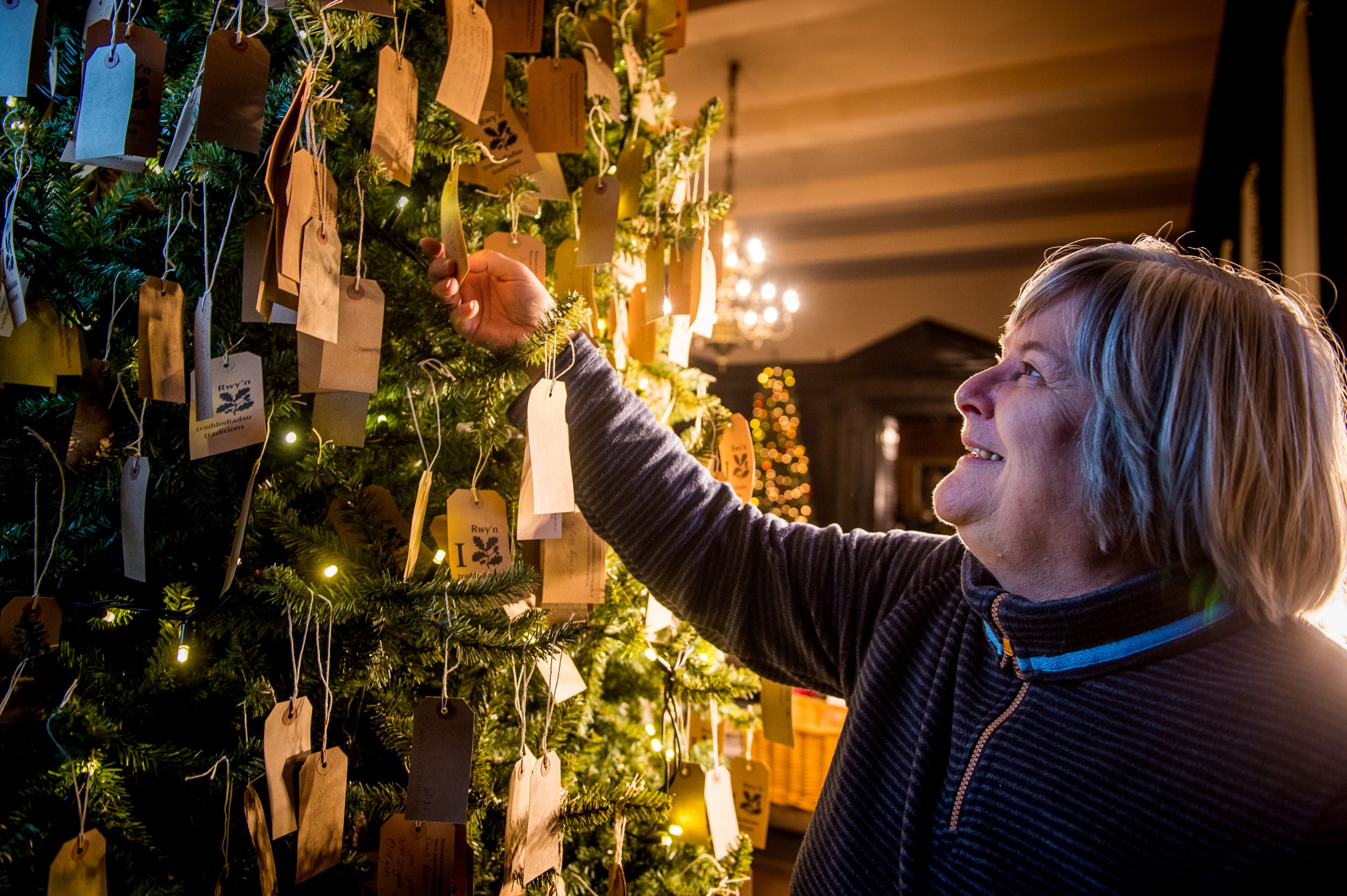 Visitor reading Christmas wishes at Tredegar House, Newport, Wales