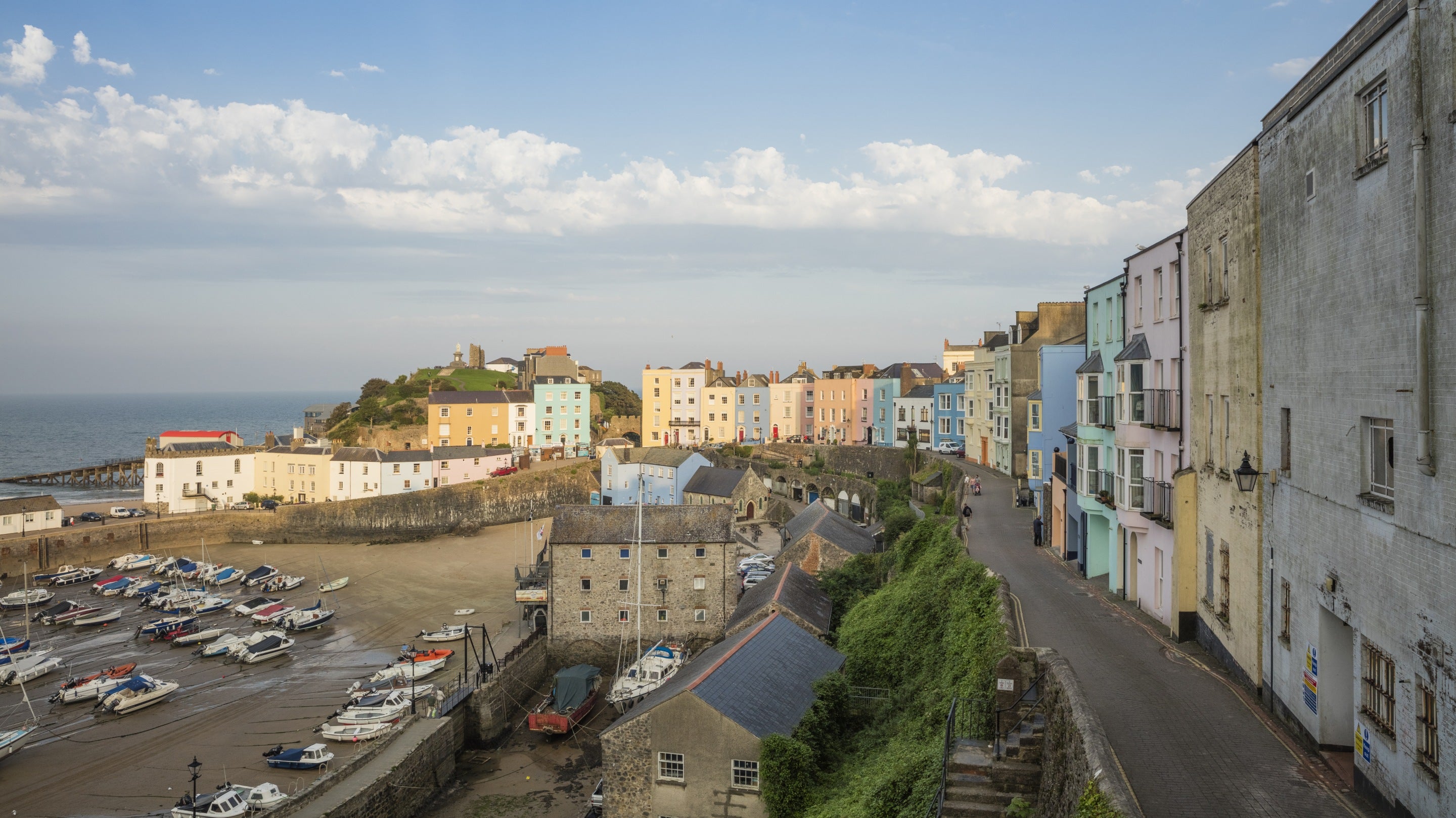 View of a Tenby street and the harbour