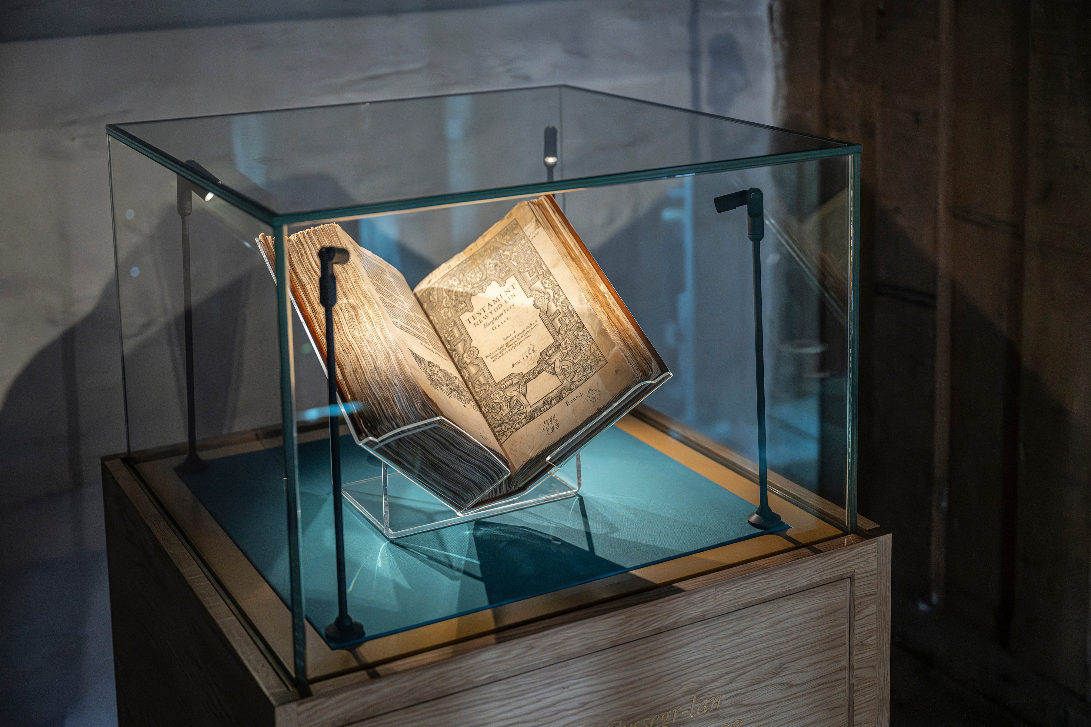 1588 Welsh Bible in its display case at Tŷ Mawr Wybrnant