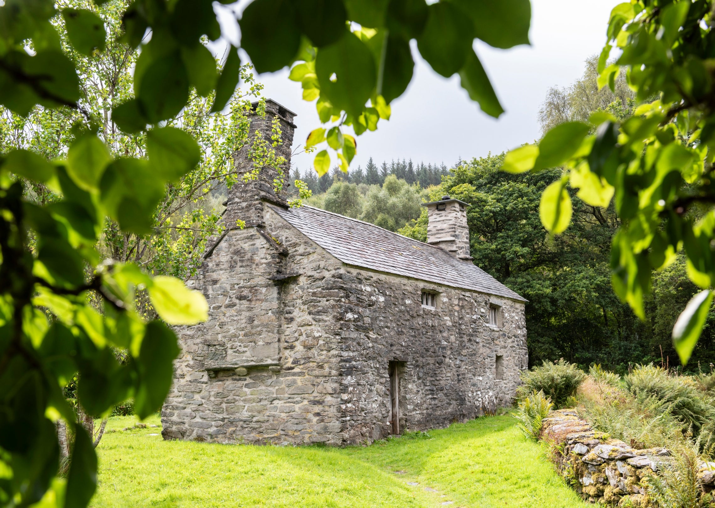 Tŷ Mawr Wybrnant with leaves in foreground