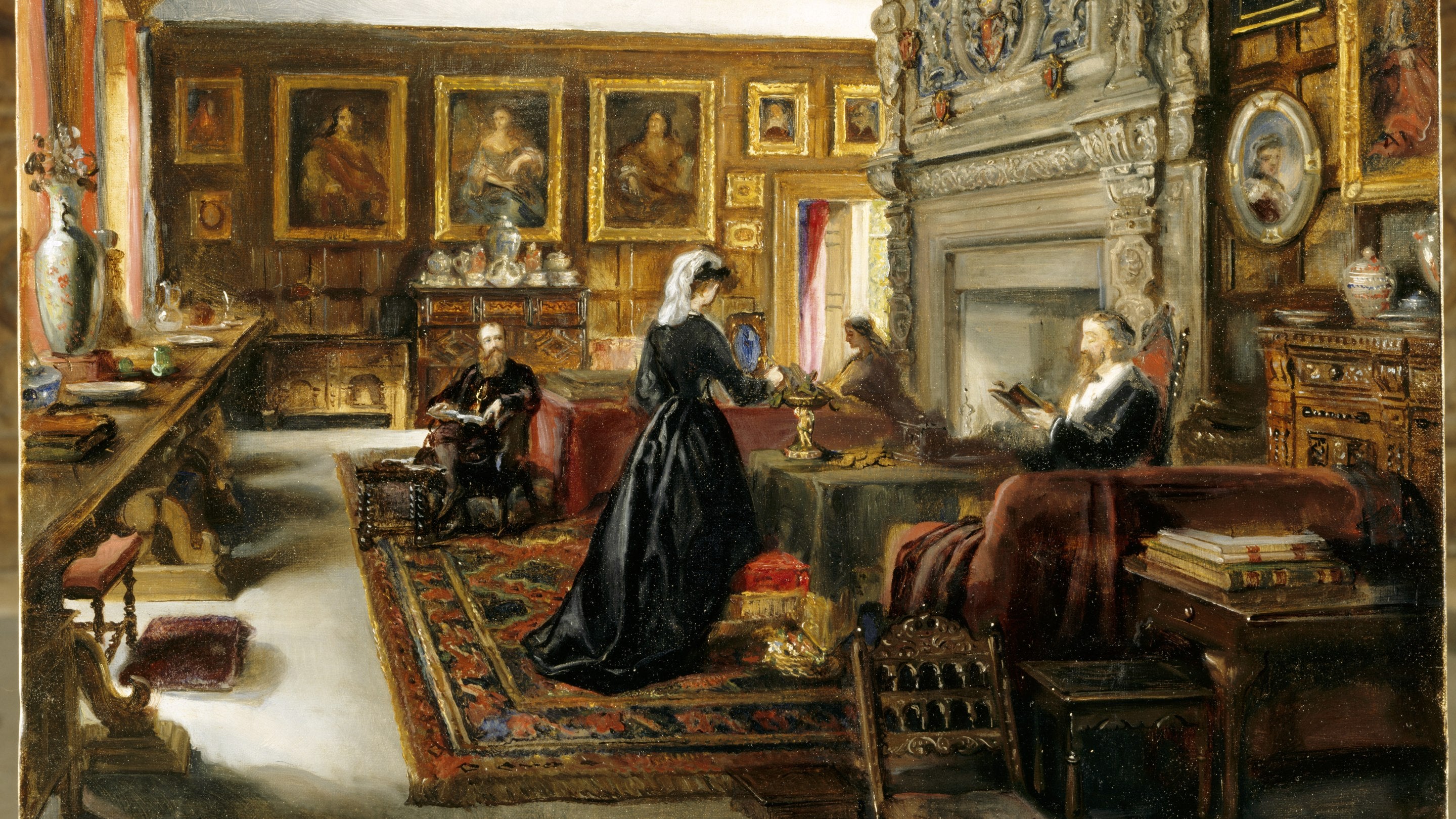 Painting for four people in the Great Hall at Baddesley Clinton, Warwickshire. The two married couples, known as The Quartet, lived together at Baddesley in the 19th century. Three can be seen sat in chairs reading, while one lady stands with her back facing the viewer, this is the artist who painted the piece, Rebecca Dulcibella Ferrers.