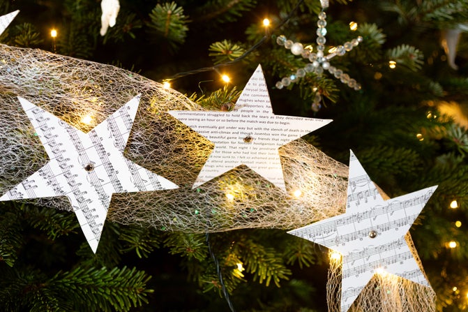 Handmade decorations on one of the Christmas trees at Baddesley Clinton, Warwickshire