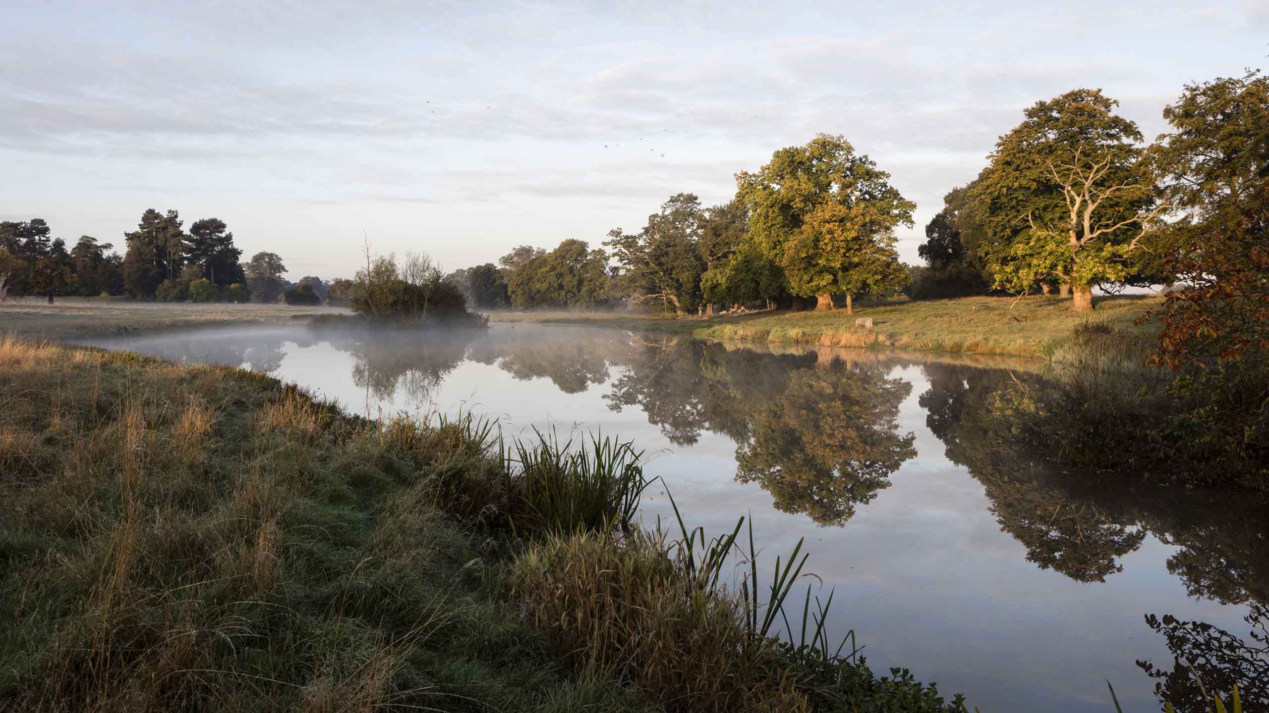 Autumnal morning on the lake in the garden at Charlecote Park, Warwickshire