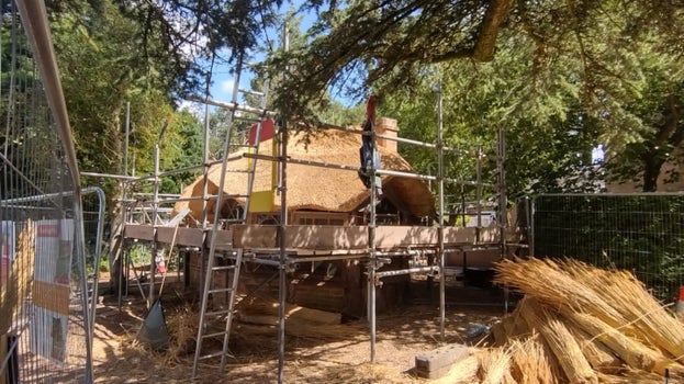 Granny's Summerhouse is surrounded by scaffolding and herace fencing. There are large bundles of straw on the floor nearby and the roof of the Summerhouse has been partially rethatched with golden coloured reed material. Blue skies above make the roof look quite yellow!