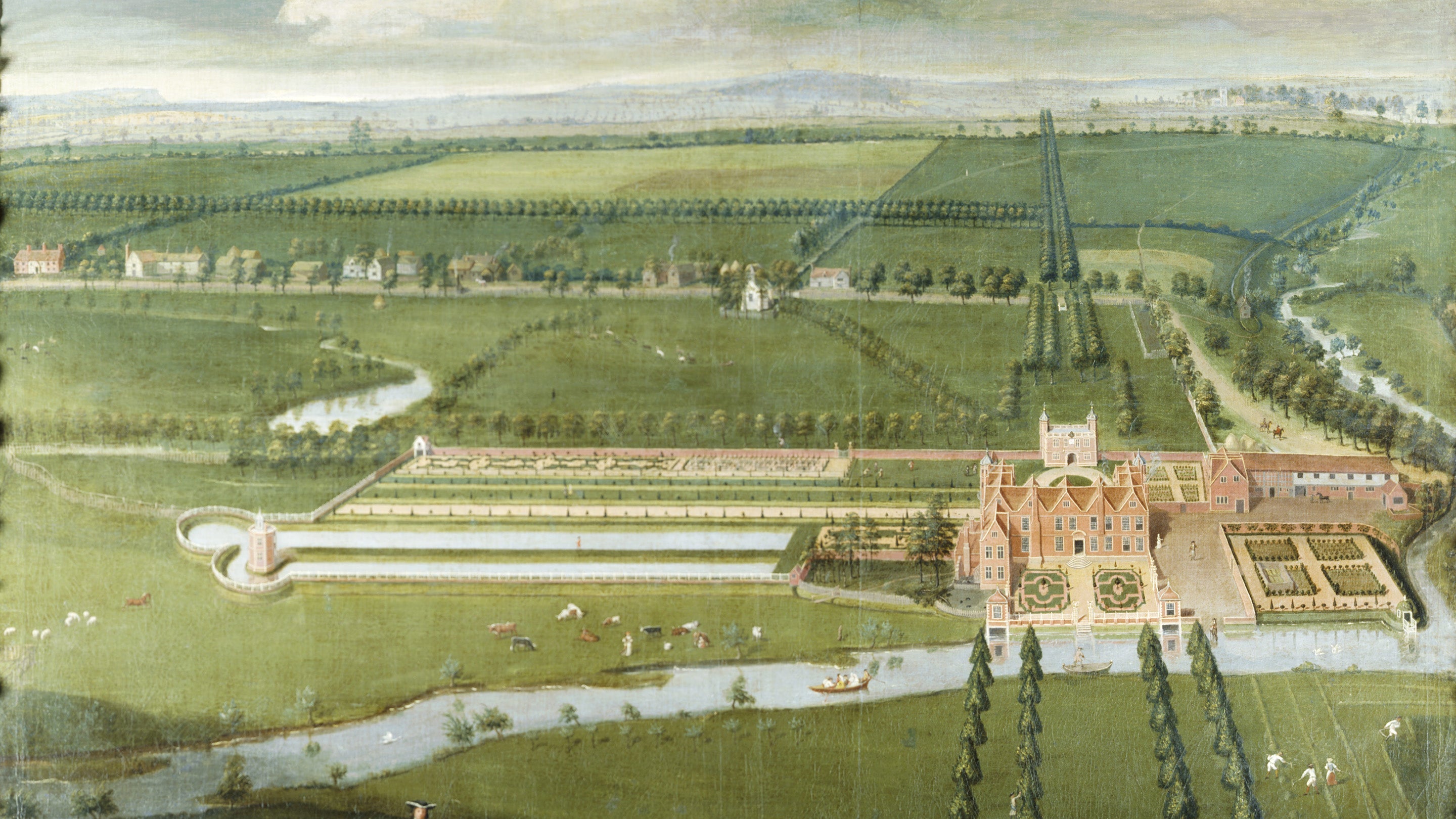 An oil painting of a bird's-eye view of Charlecote Park from circa 1696-1700. In the painting you can see the formal garden of canals and parterres surrounding the house which were removed by Capability Brown around 1760. In the foreground, sitting on an escarpment, can be see Colonel George Lucy, owner of Charlecote, sitting on a white stallion surrounding by his wife, family and their dogs.