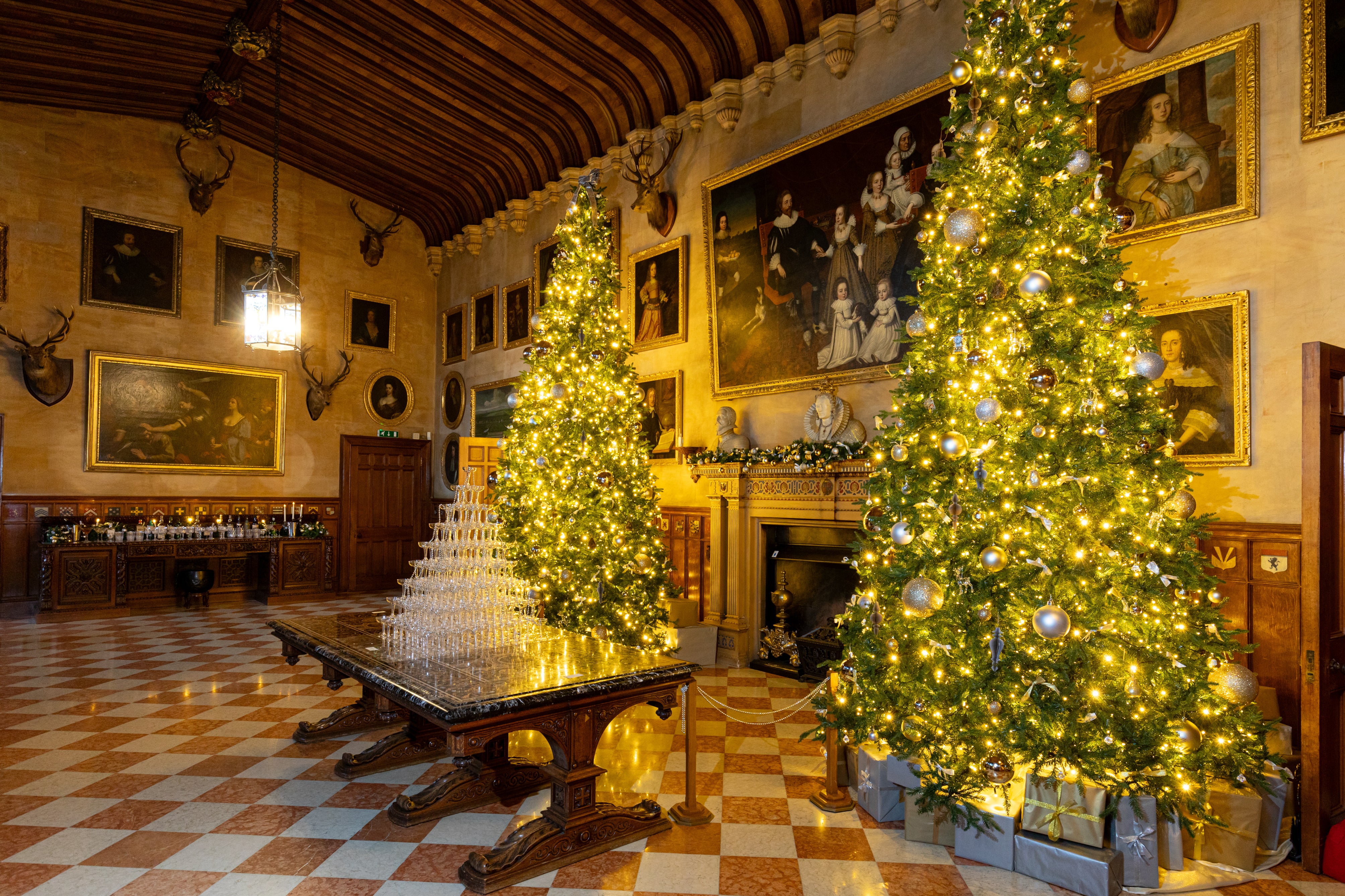 The 16-foot Christmas trees scintillate in Charlecote's Great Hall
