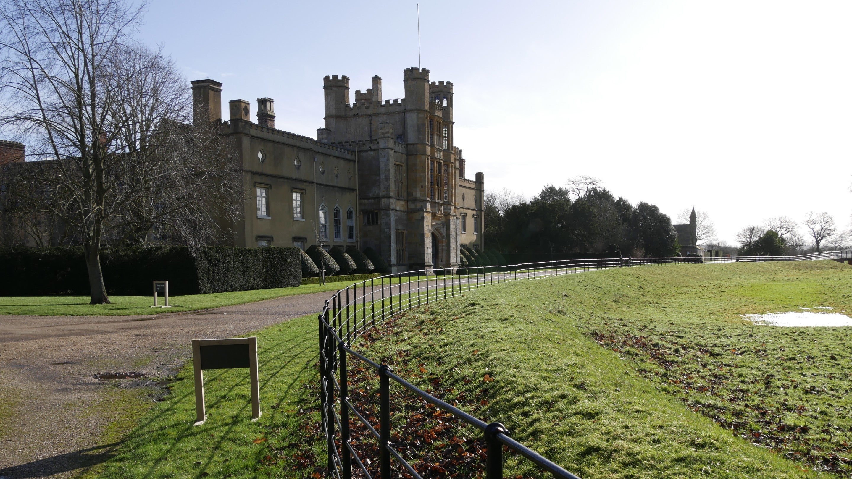 Winter view of the house from the driveway at Coughton Court Warwickshire