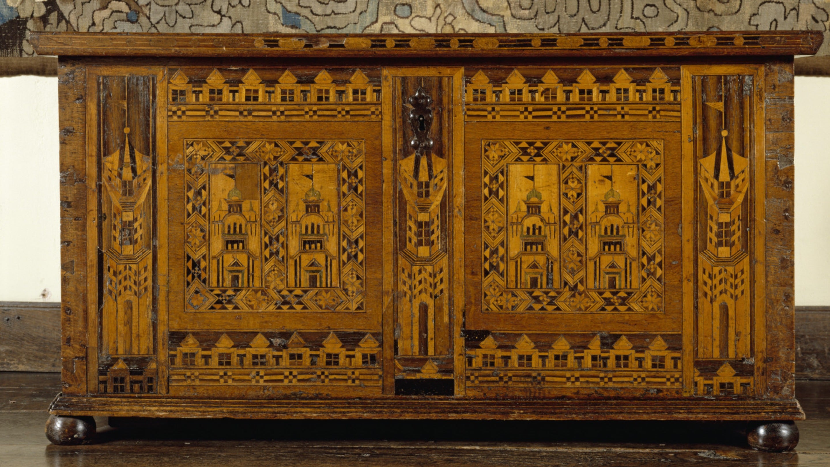Close-up of Elizabethan 'Nonesuch' chest inlaid with holly and bog oak in the Long Gallery at Packwood House.