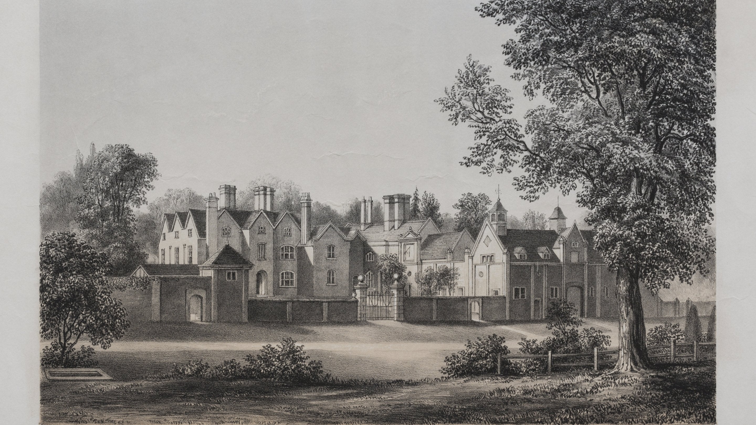 A lithograph drawing of the east view of Packwood House, Warwickshire from 1868, listed as 'The seat of John Fetherston Esquire'.