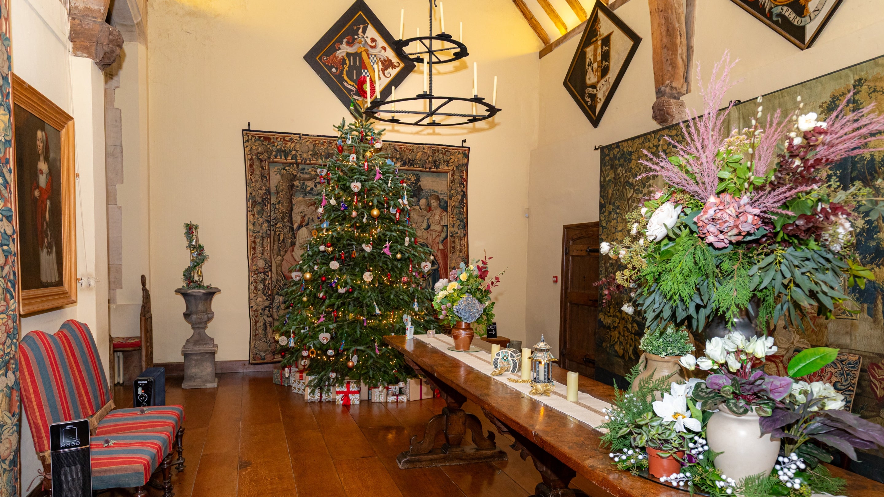 Christmas decorations in the Great Hall at Packwood House, Warwickshire