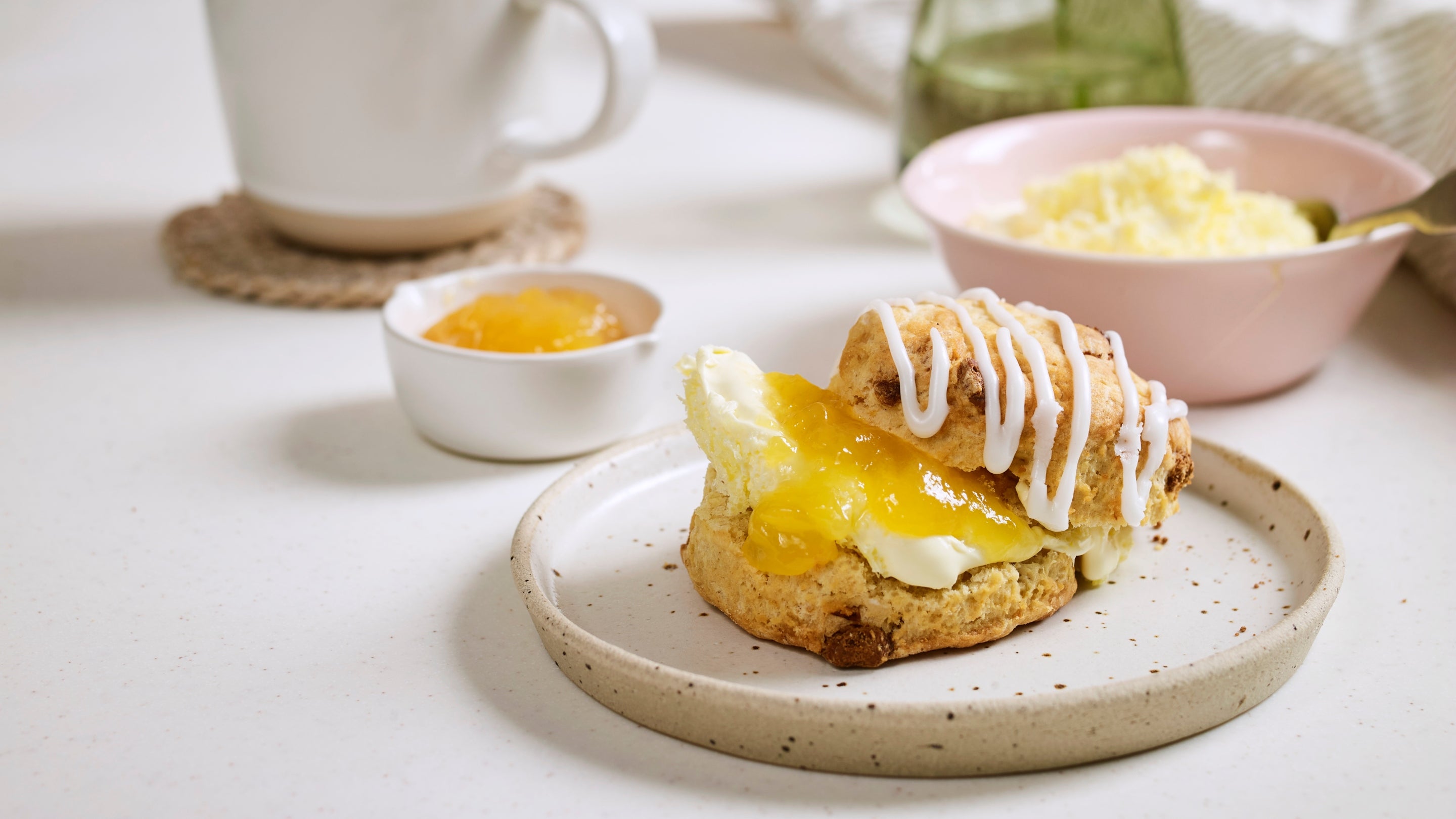 A cream tea with a lemon scone in the Café at Packwood, Warwickshire