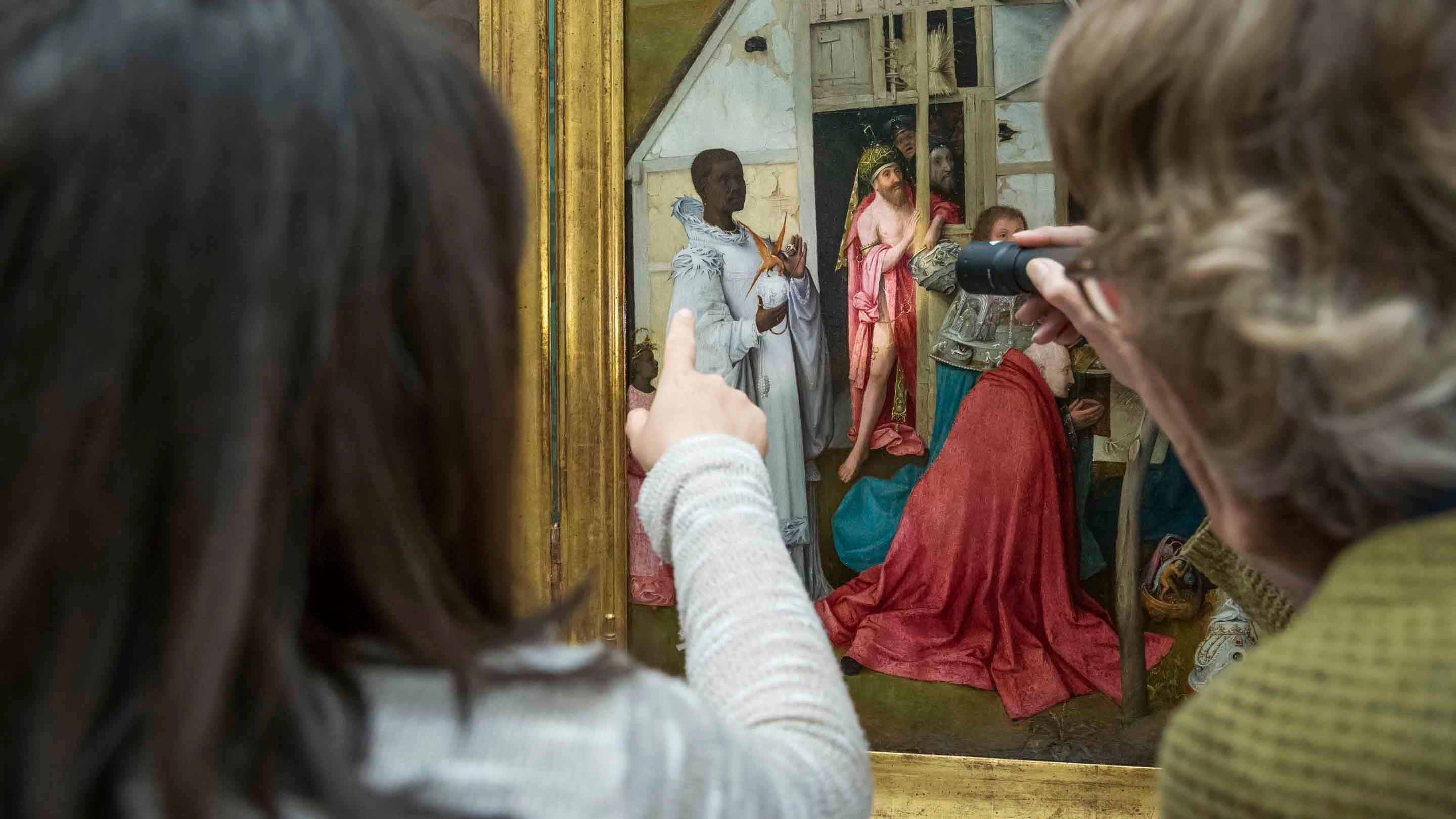 The Adoration of the Magi (Triptych) and Christ before Pilate (Verso) attributed to Hieronymus Bosch being packed up to be sent out on loan and replaced by the Dyrham Triptych (The Nativity by Night with Shepherds, The Adoration of the Magi and The Flight into Egypt) attributed to Jan van Dornicke.