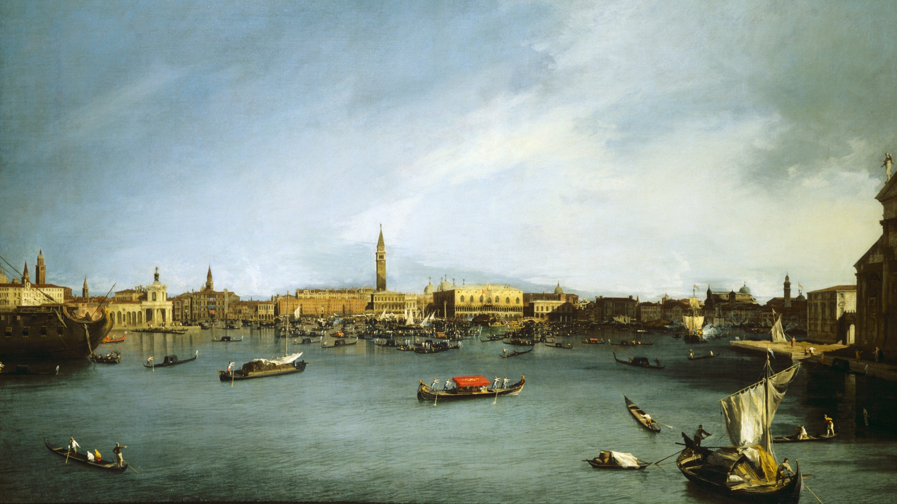 Oil painting of The Bacino di San Marco, Venice, seen from the Giudecca, by Canaletto, in the collection at Upton House, Warwickshire. The painting is a panoramic view looking towards the Doge's Palace and takes in the whole of the Venetian waterfront.