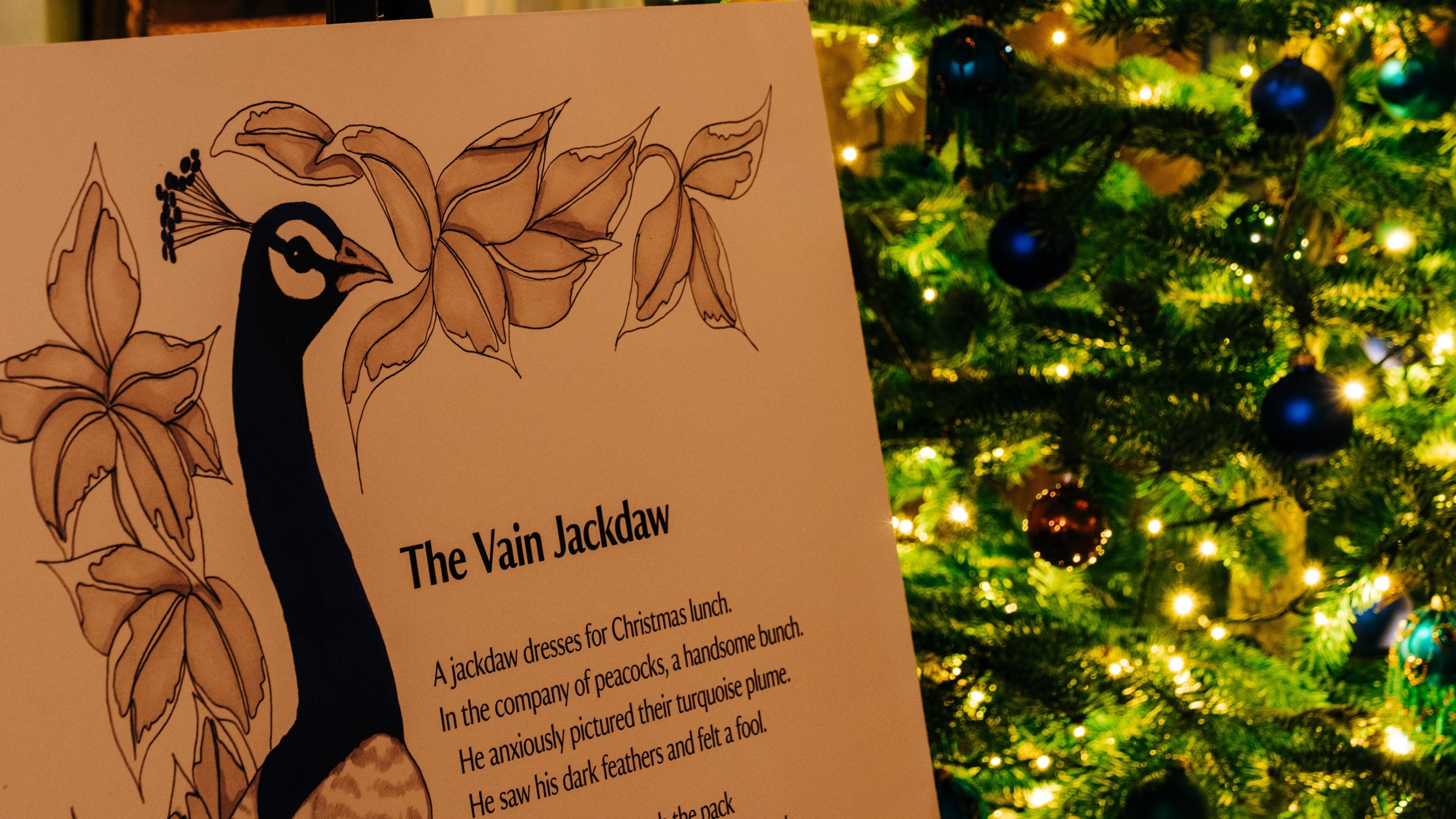 Aesop's Fables inspiration board and image of Peacock with Christmas tree in background, Upton House and Gardens, Warwickshire