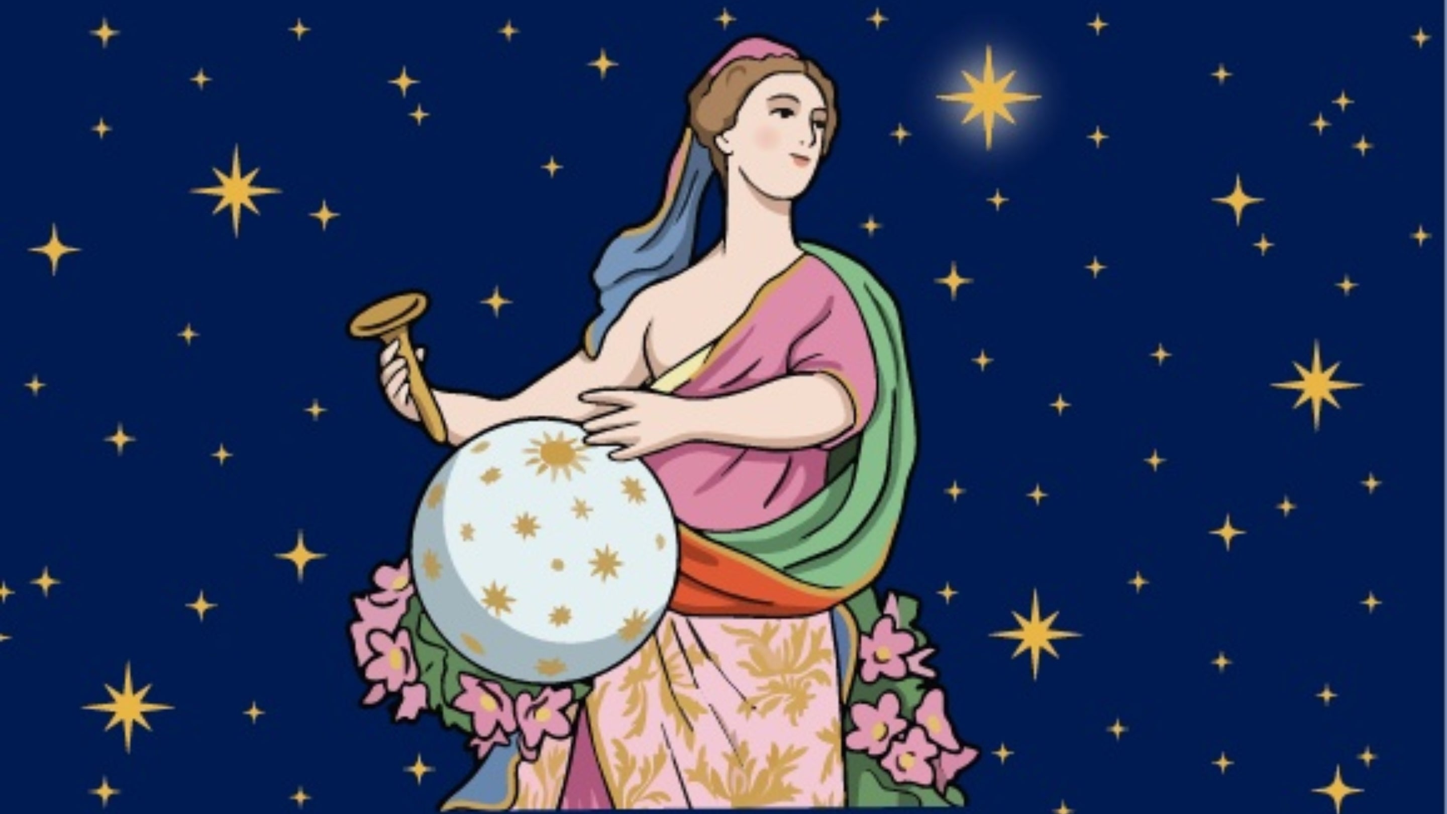 A Greek figure of a woman, cartoon style holding a blue ball with stars