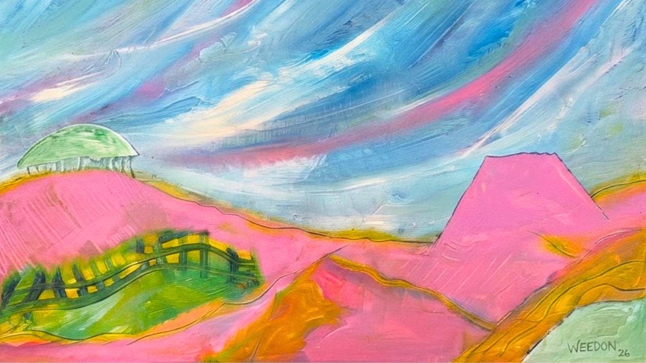 A bright, colourful painting of the Avebury landscape, featuring West Kennet Long Barrow and Silbury Hill