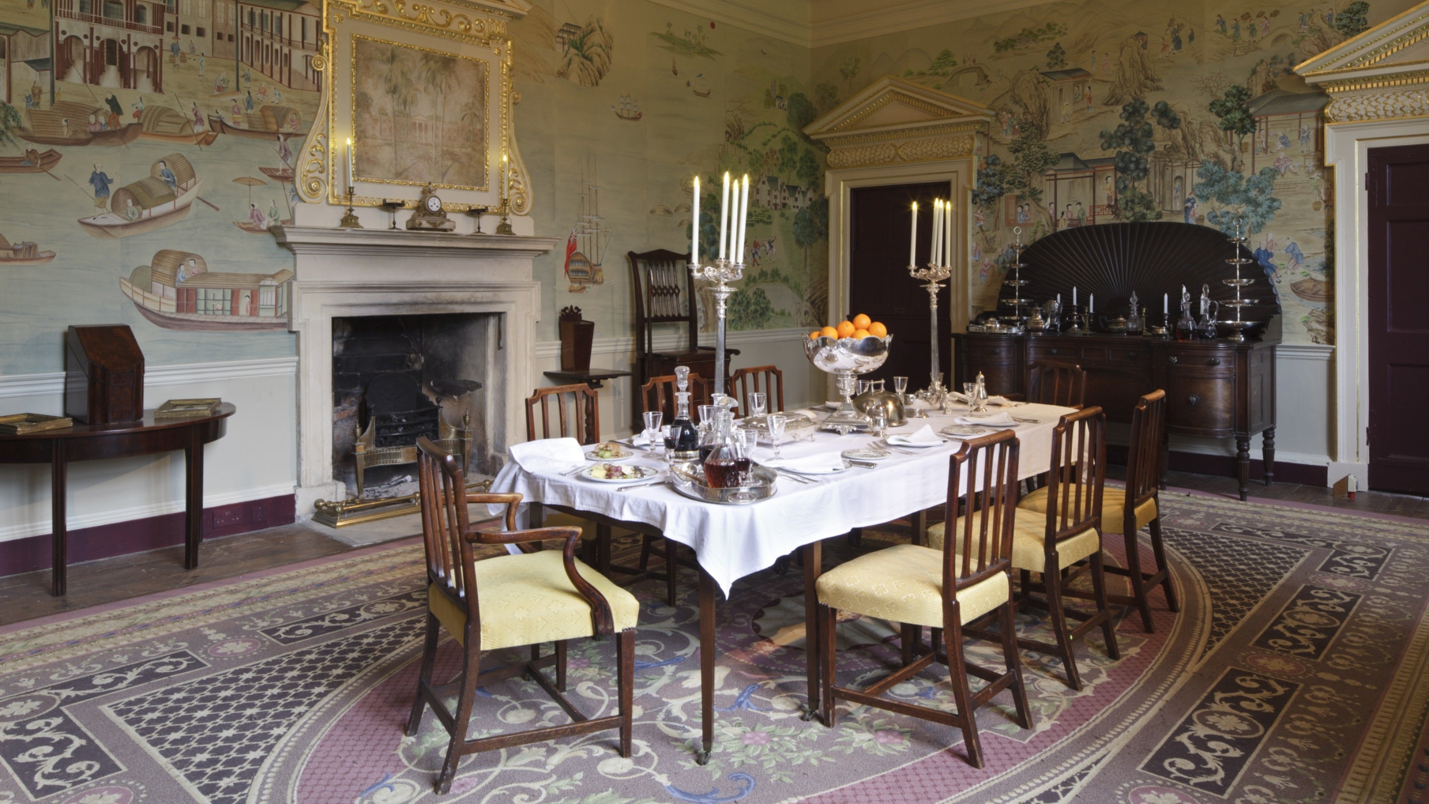 Chinese wallpaper in the Dining Room at Avebury Manor, Wiltshire