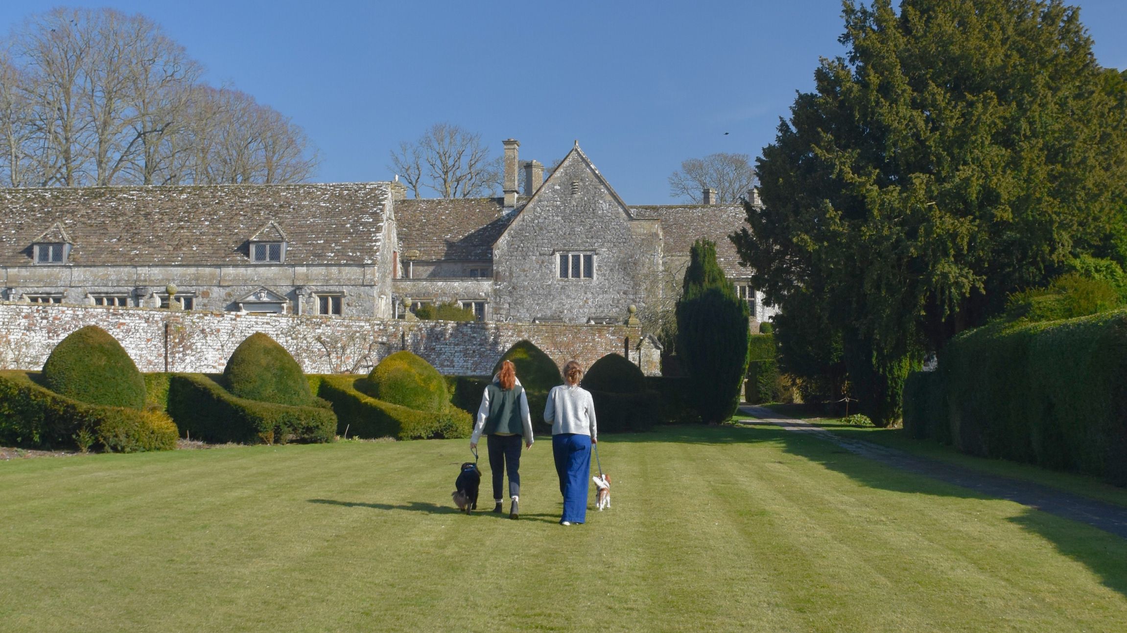 Two women and two dogs walking in the Half-Moon Garden in Avebury Manor Garden.