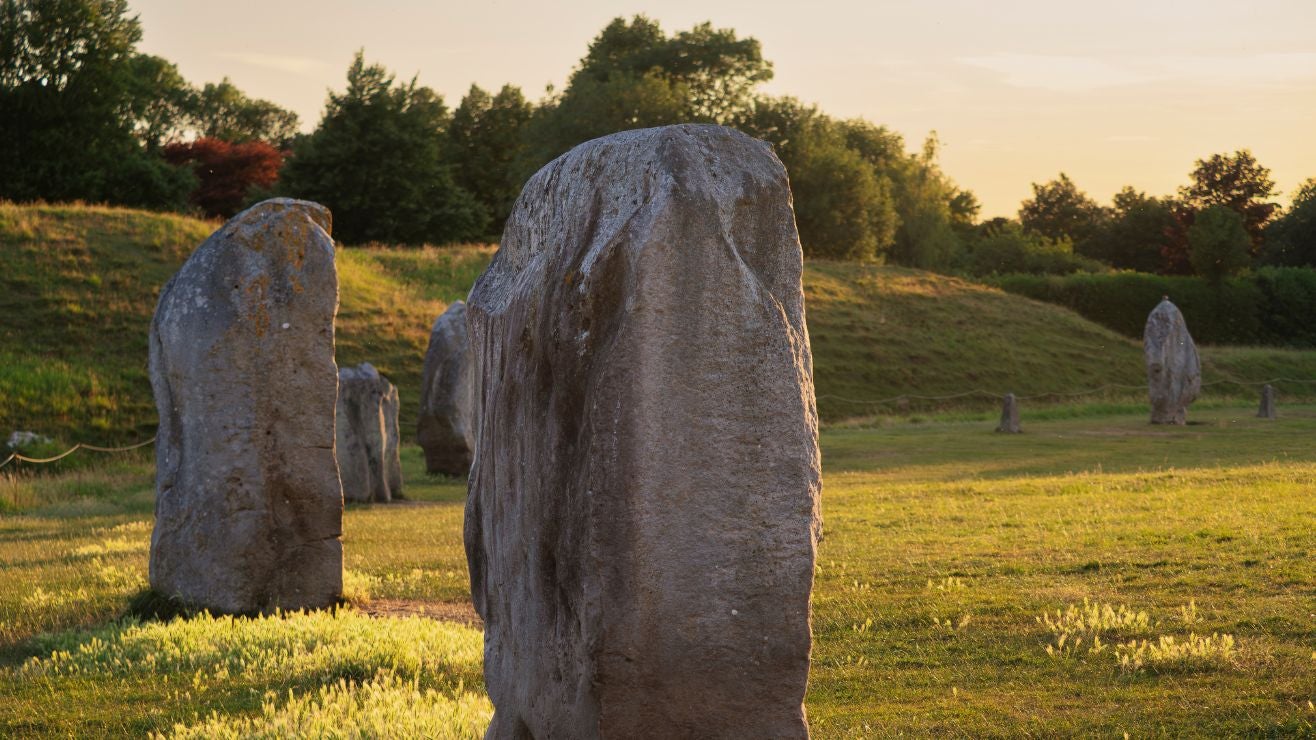 A line of standing stones on a bright summer's evening at Avebury with the henge bank and trees in the background.