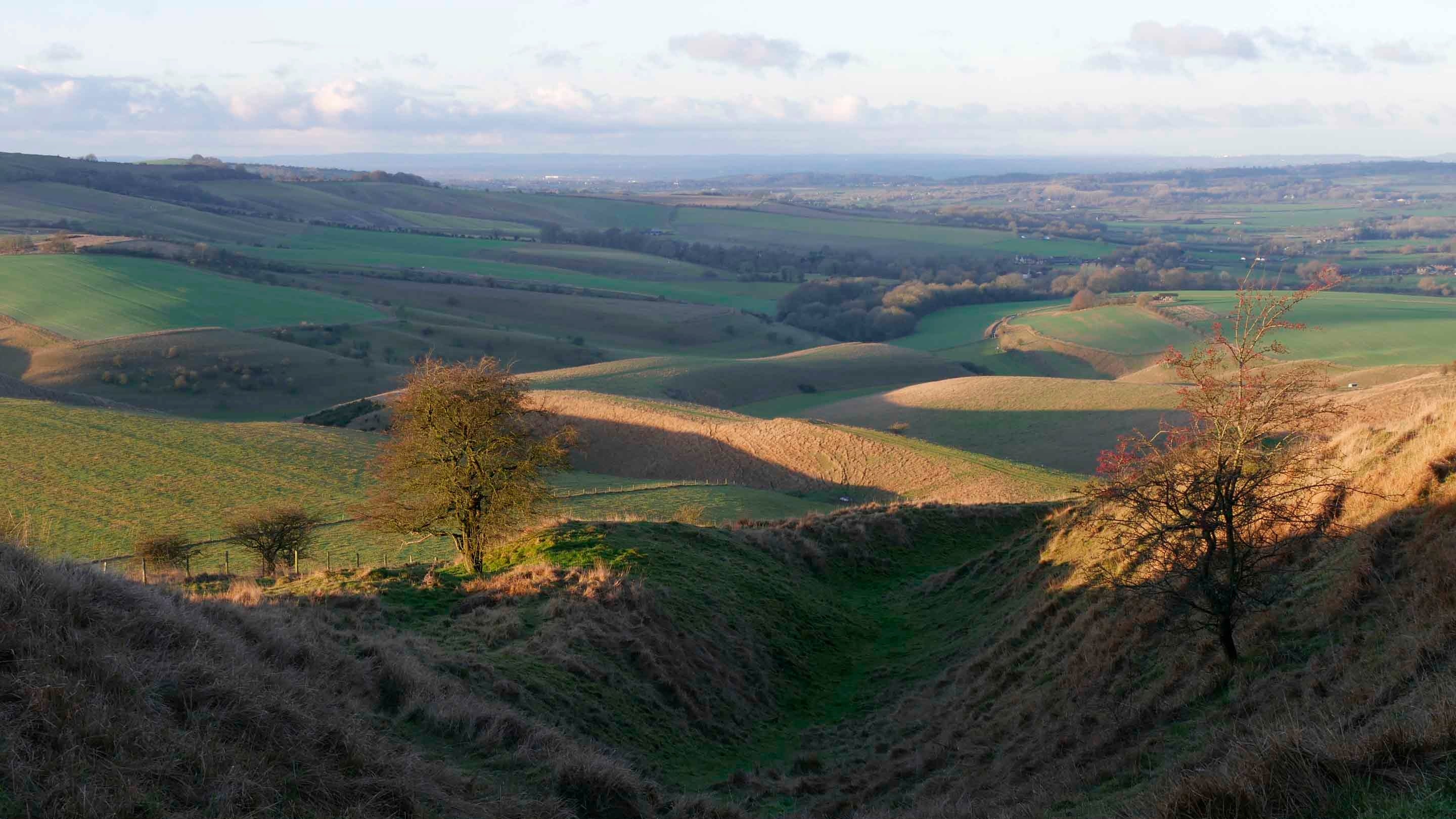 View across countryside from Oldbury Castle at Calstone and Cherhill Downs, Wiltshire
