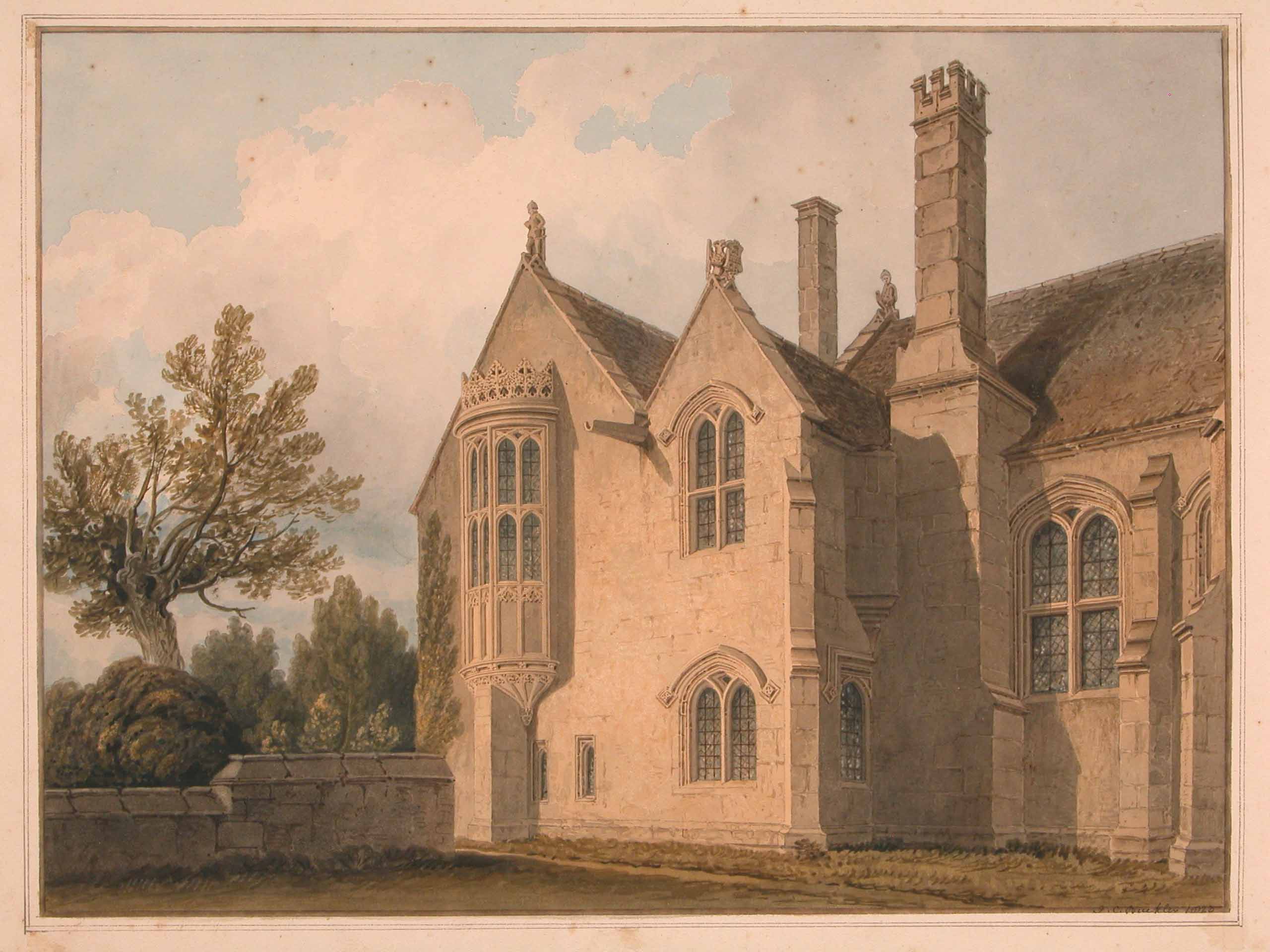 Photo of a watercolour painting of the north west front of Great Chalfield House, Wiltshire, sketched by J.C. Buckler, August 1823.