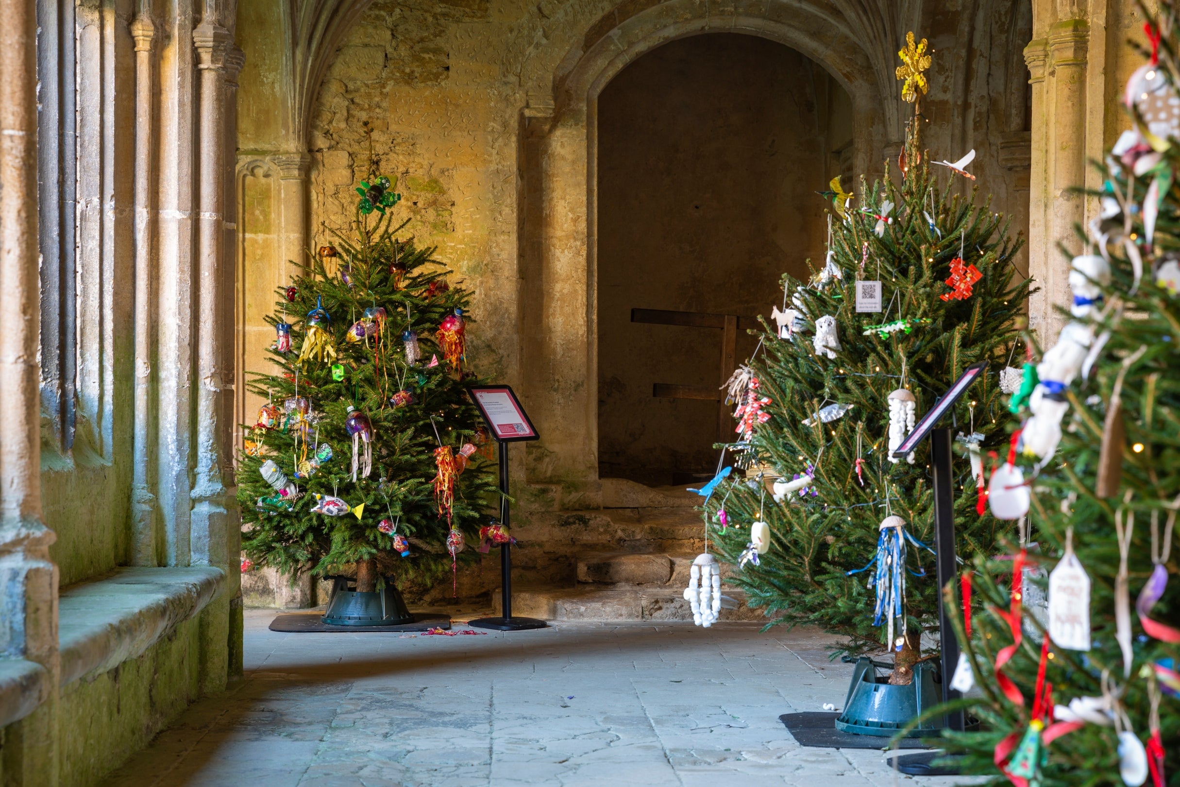 Decorated Christmas trees in the Cloister at Lacock