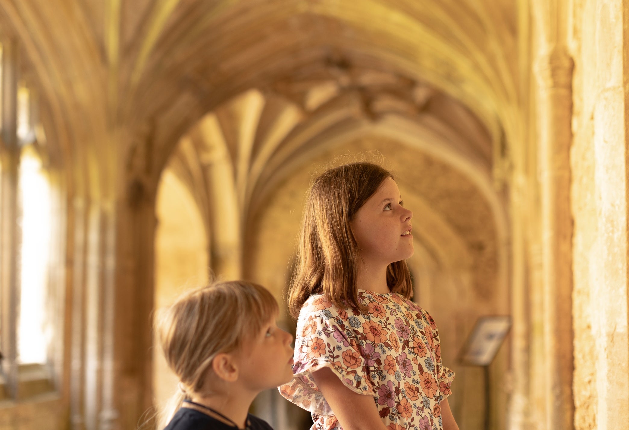 Two children taking in the atmosphere of Lacock's Cloister, they are gazing upwards off camera and the sun is shining.