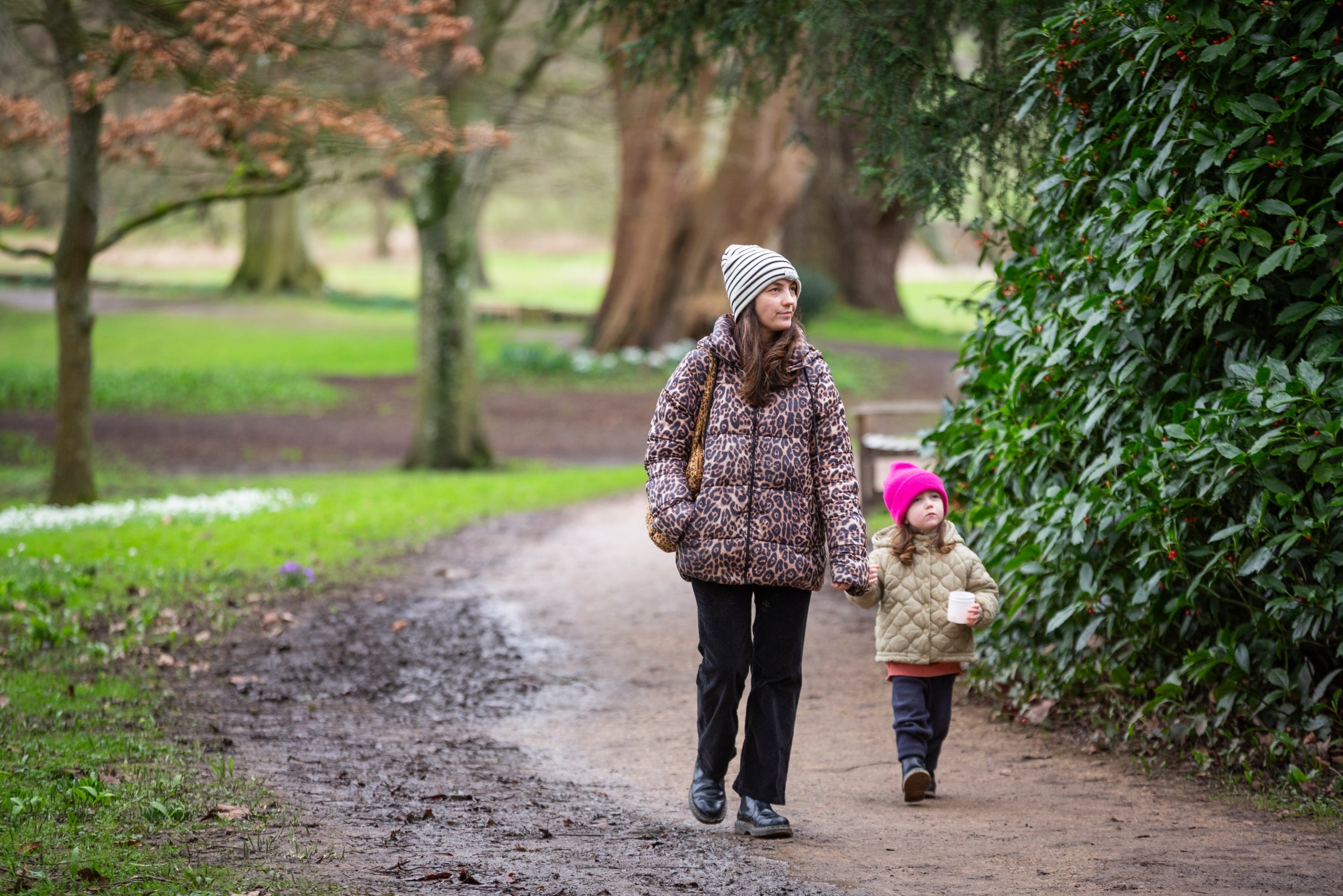 An adult and child walk in the Lacock woodland. They are both wearing winter hats and coats and are looking at the trees.