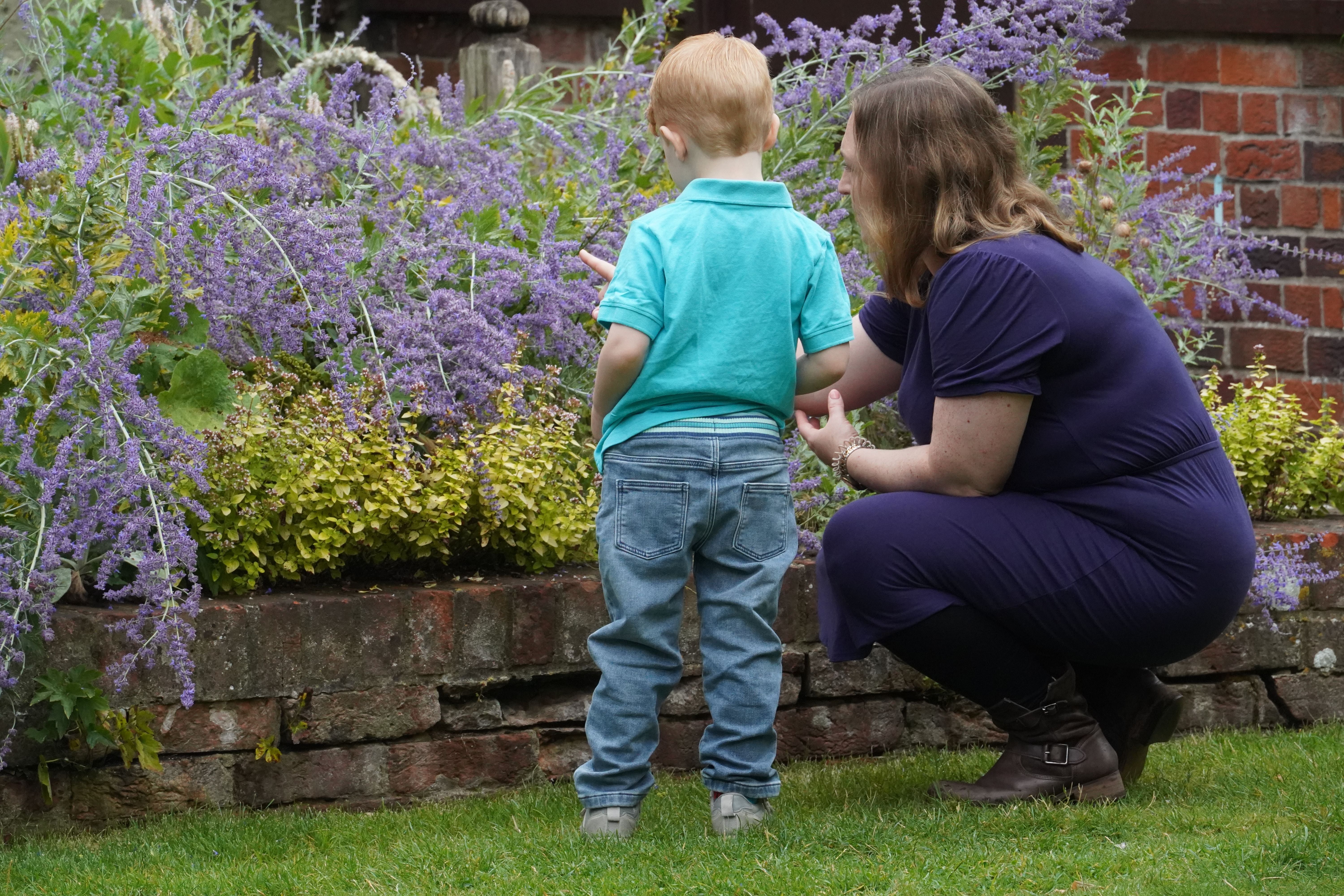 A woman and child look at the border in the garden of Mompesson House. She is wearing a dark blue dress and he has light hair and is wearing a light blue top. He is around five.