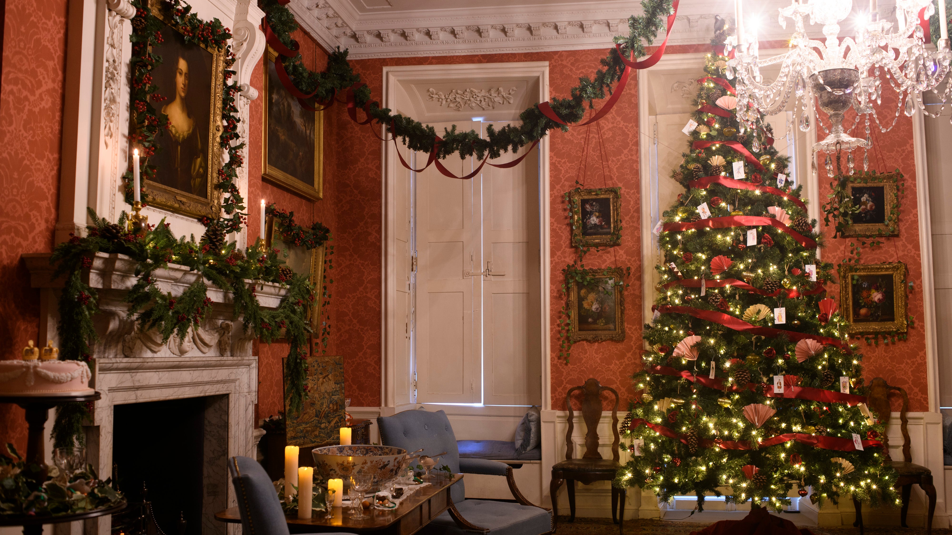A Christmas tree and foliage in the Large Drawing Room