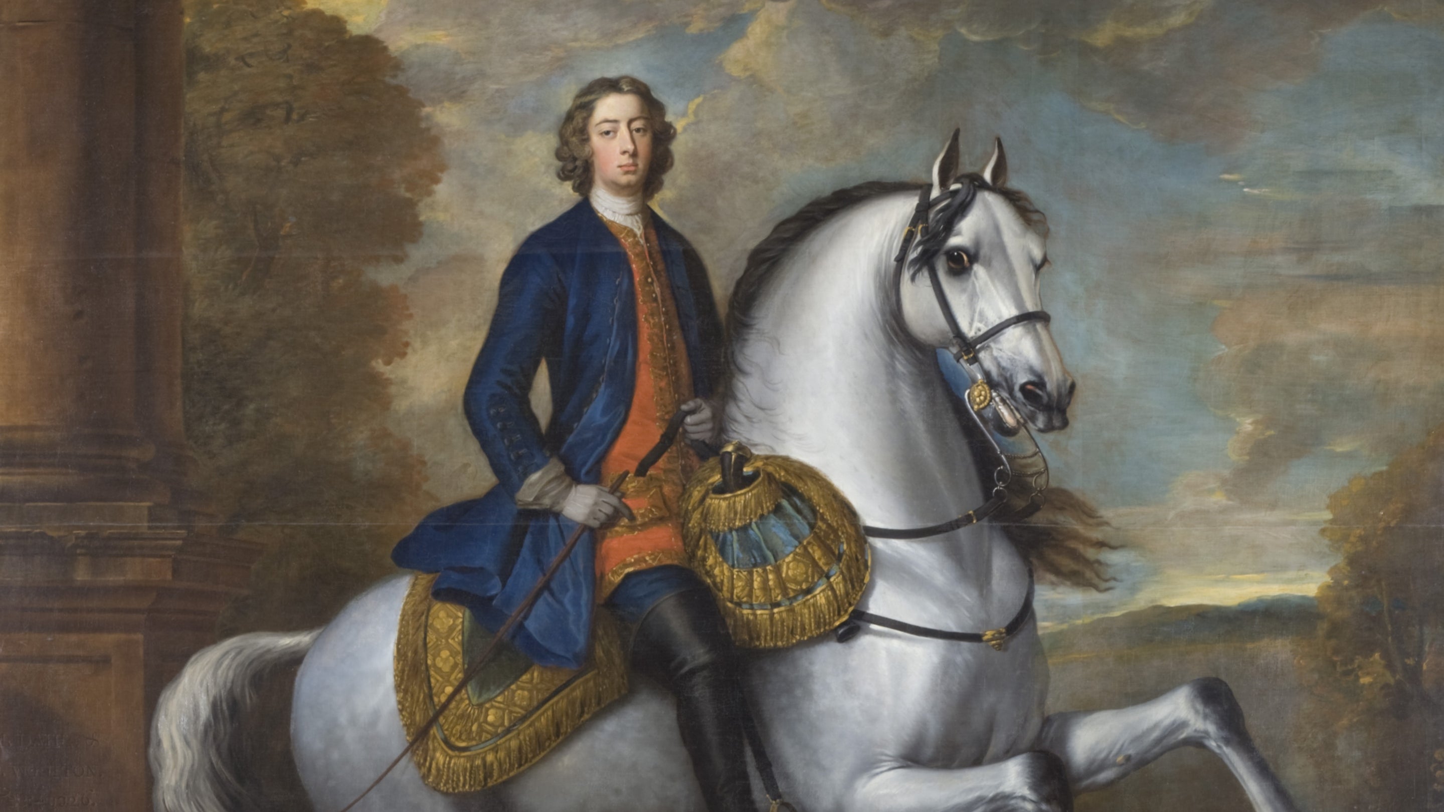 A painting of Henry Hoare II on horseback by Michael Dahl and John Wooton, found in the Entrance Hall at Stourhead house, Wiltshire