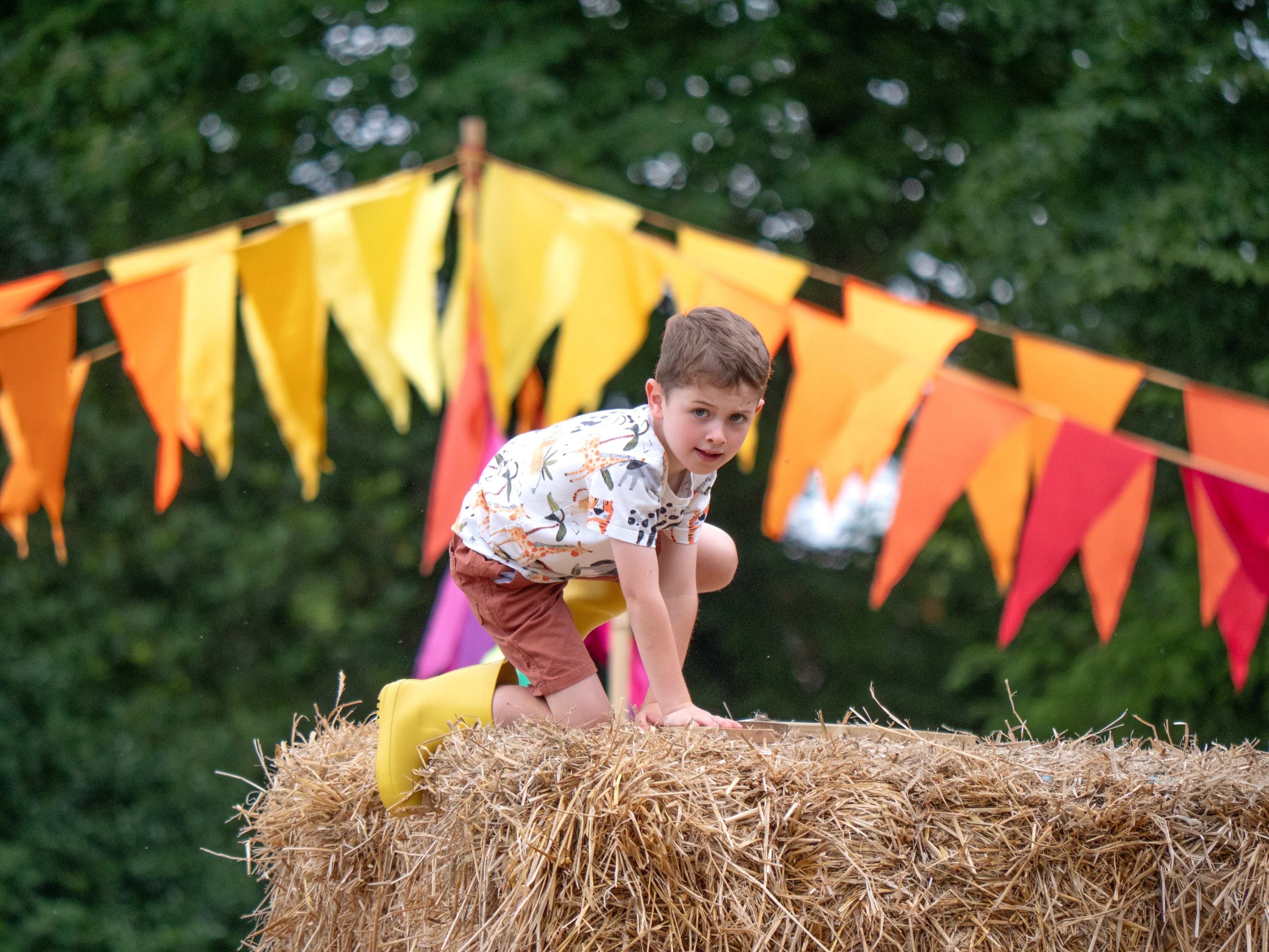 A child climbs Strawton Castle in the play meadow at Stourhead