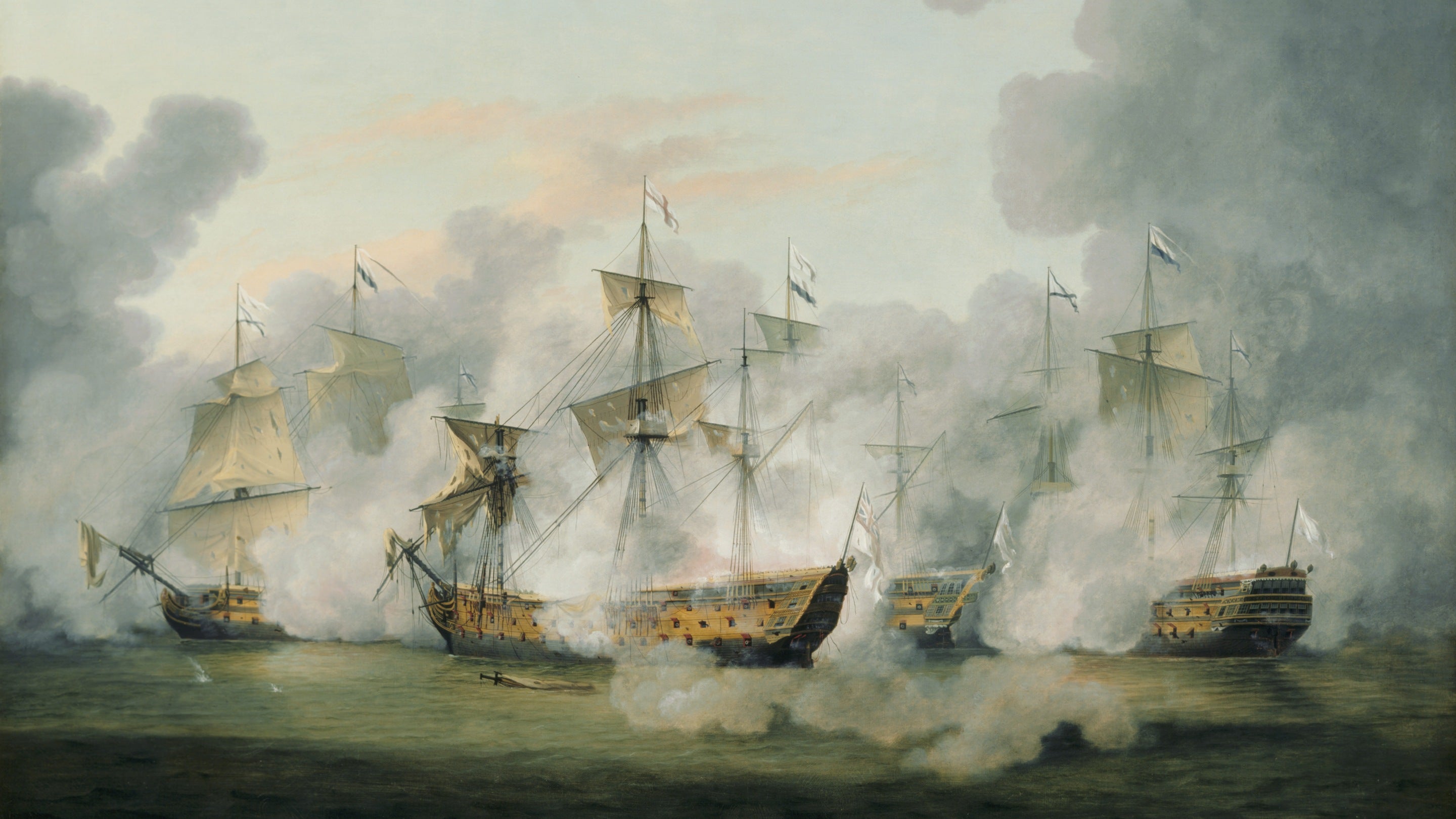 A painting of THE SITUATION OF THE SANDWICH WHEN ATTACKED BY THE FRENCH ADMIRAL AND HIS SECONDS, 17TH APRIL 1780 by Thomas Luny