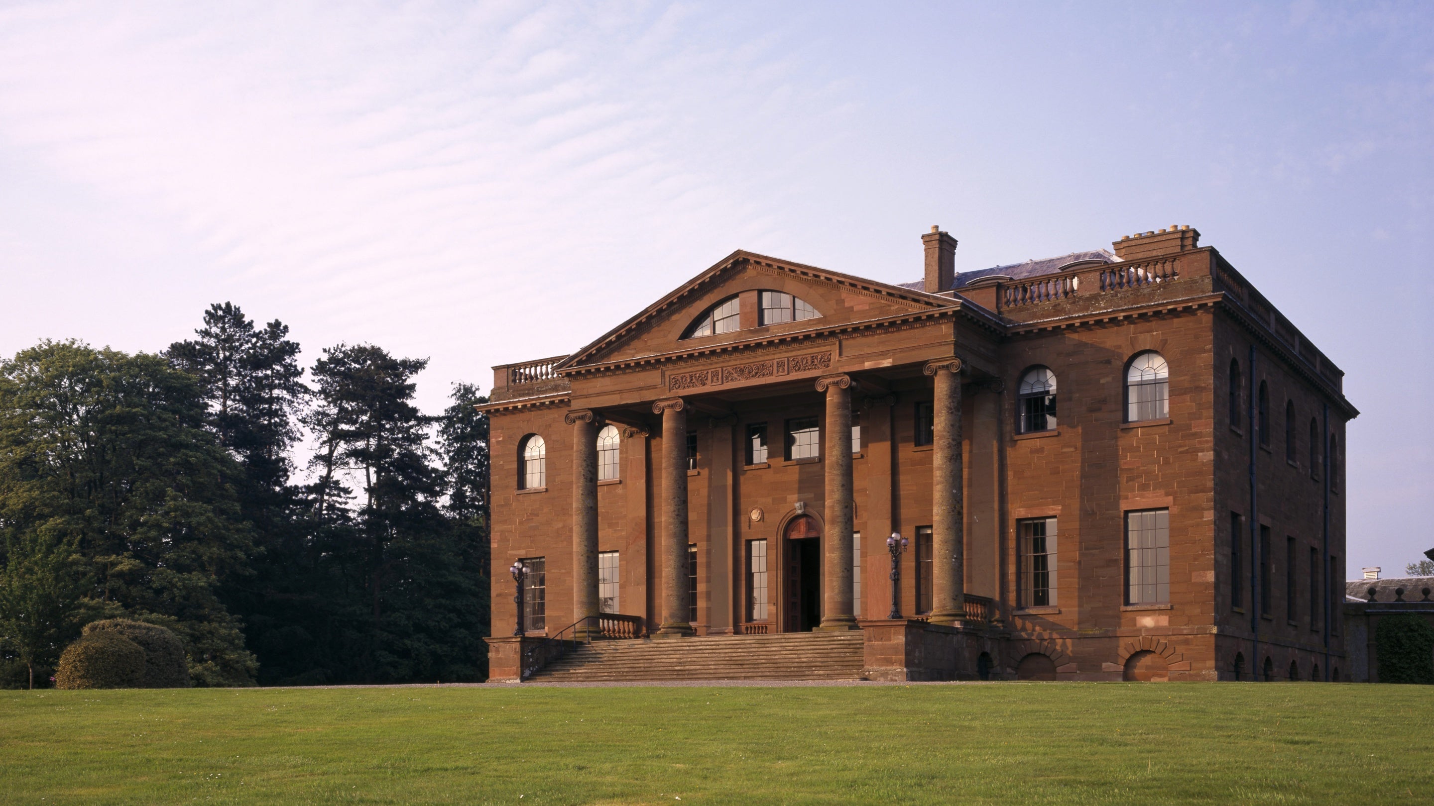 West front showing the tetrastyle portico with Ionic columns at Berrington Hall, Herefordshire