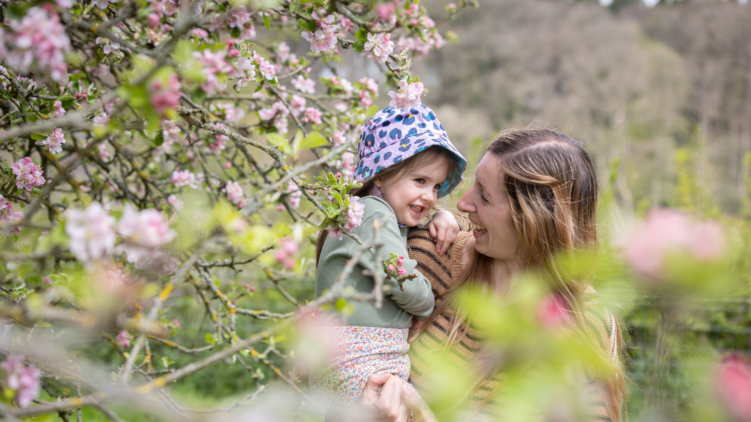 A woman carrying a child amongst the pink blossom branches.