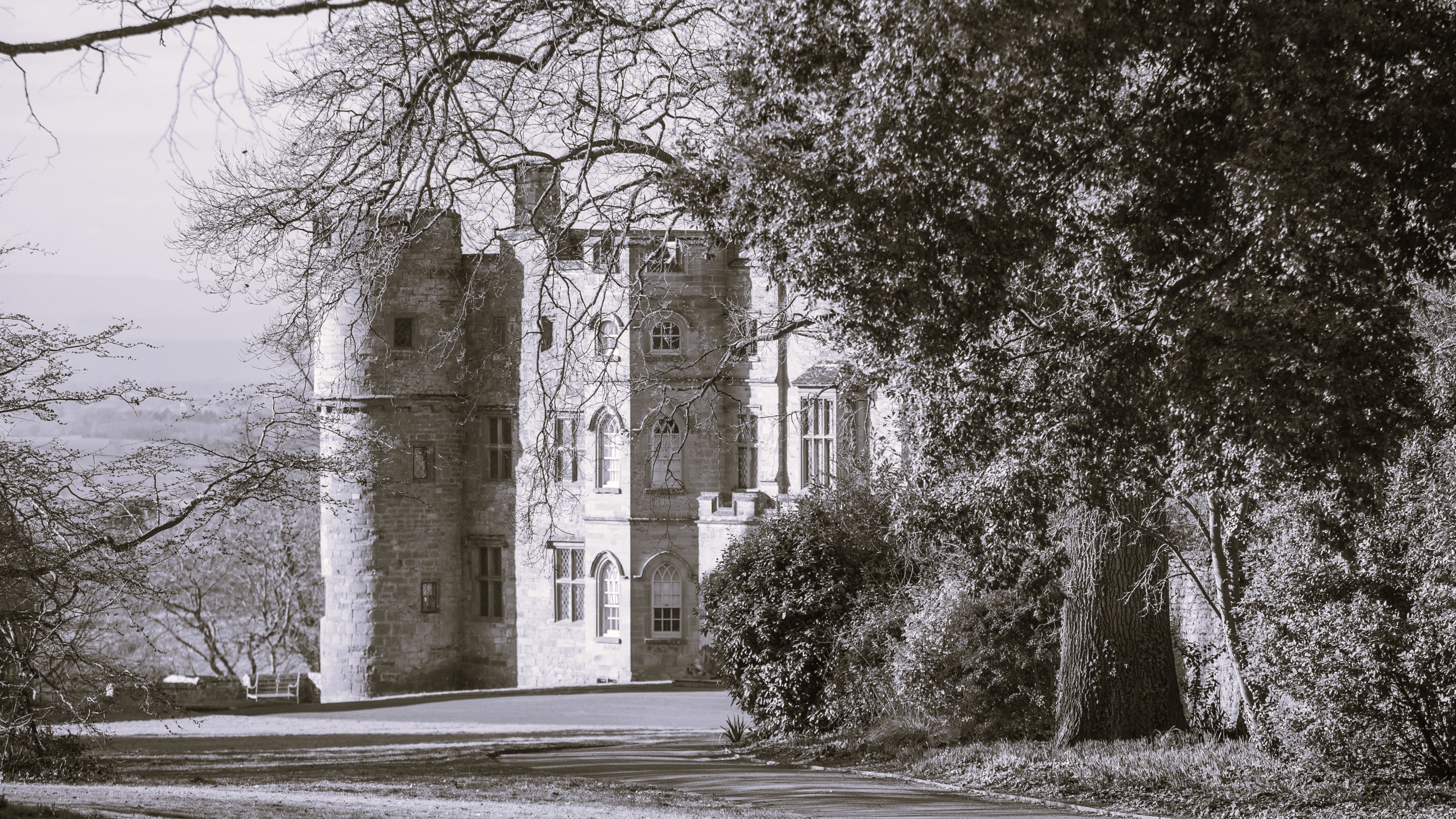 A photograph of the castle looking eerie in black and white