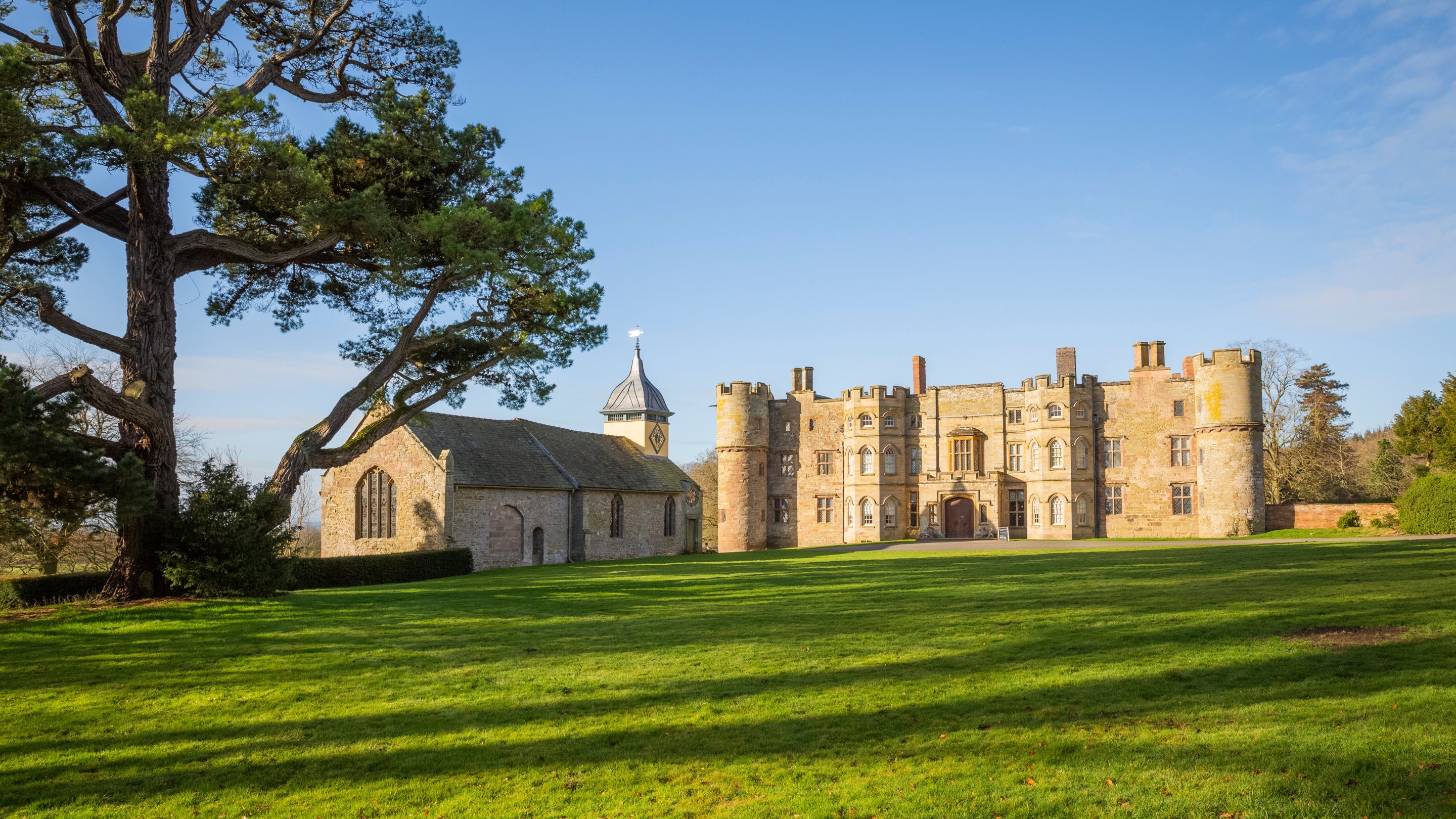 The exterior of the castellated 17th-century manor house at Croft Castle