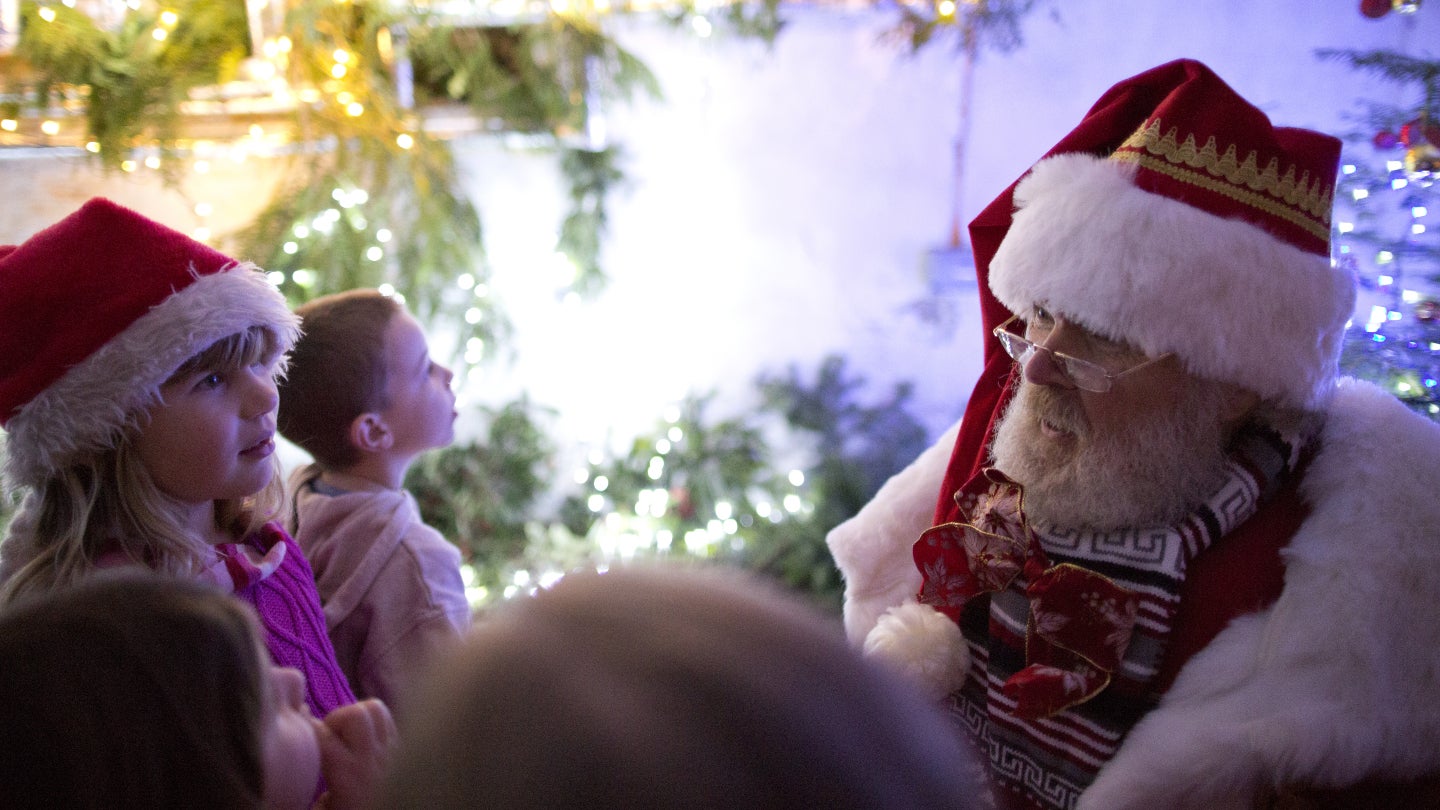 Father Christmas engaging with a young girl and boy in the background of twinkling Christmas lights.
