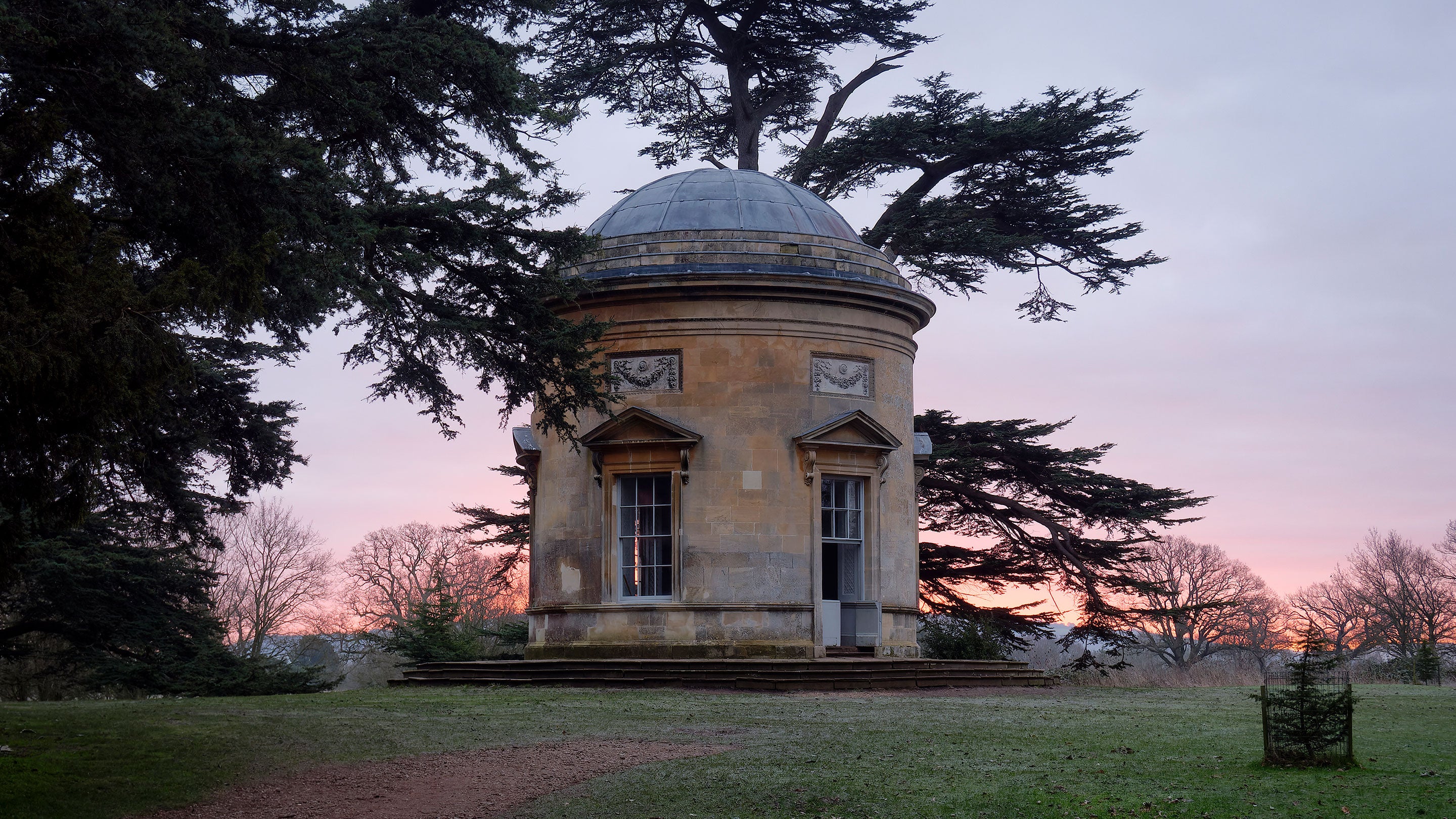 Sunrise behind the Rotunda at Croome, Worcestershire